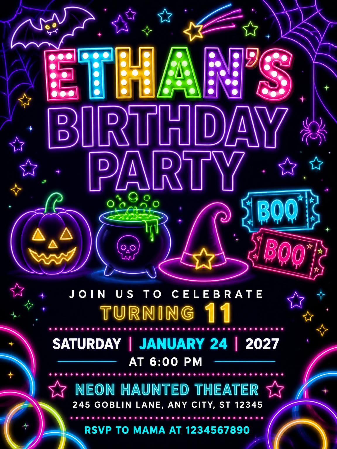 Neon Halloween Glow 11th Birthday Invitation