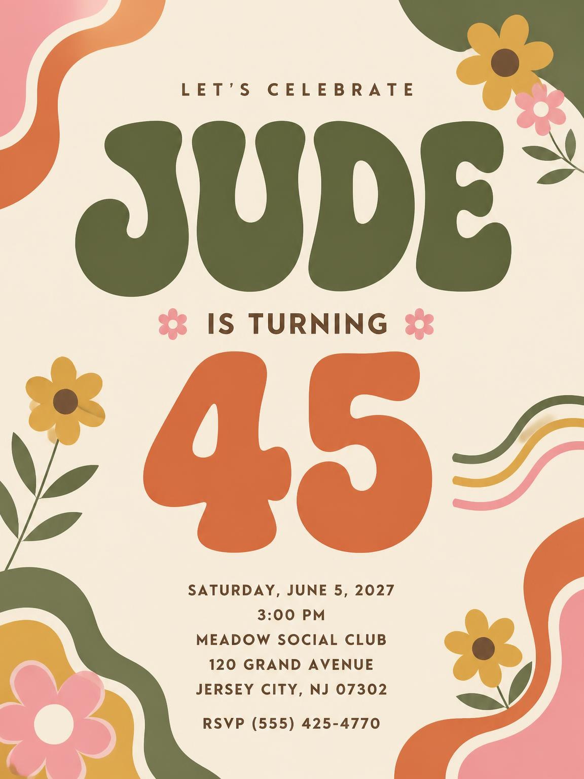 Groovy Retro 45th Birthday Invitation