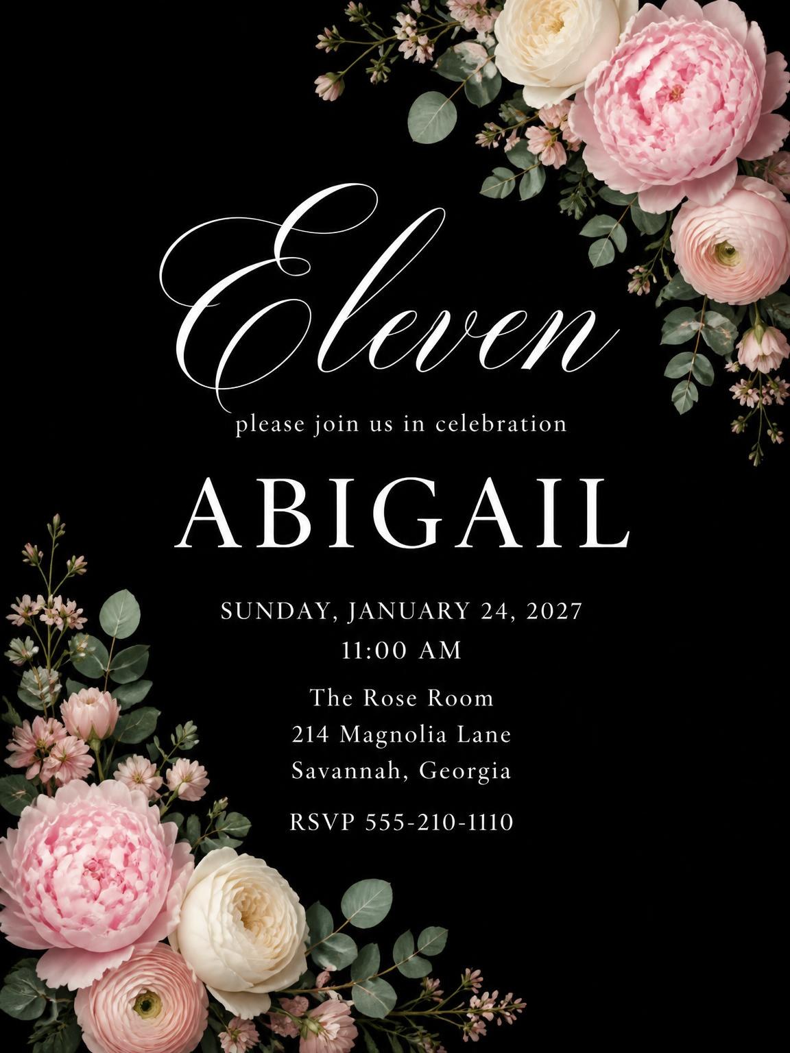 Black Floral 11th Birthday Invitation
