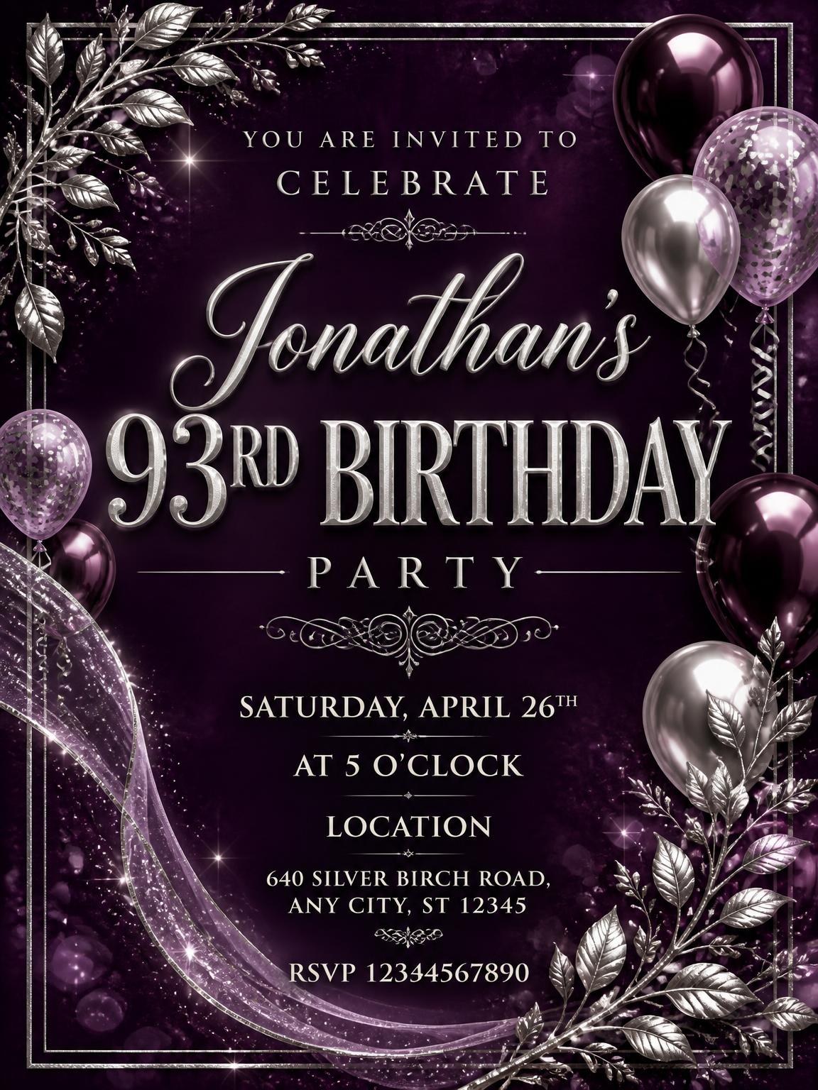 Plum and Silver 93rd Birthday Invitation