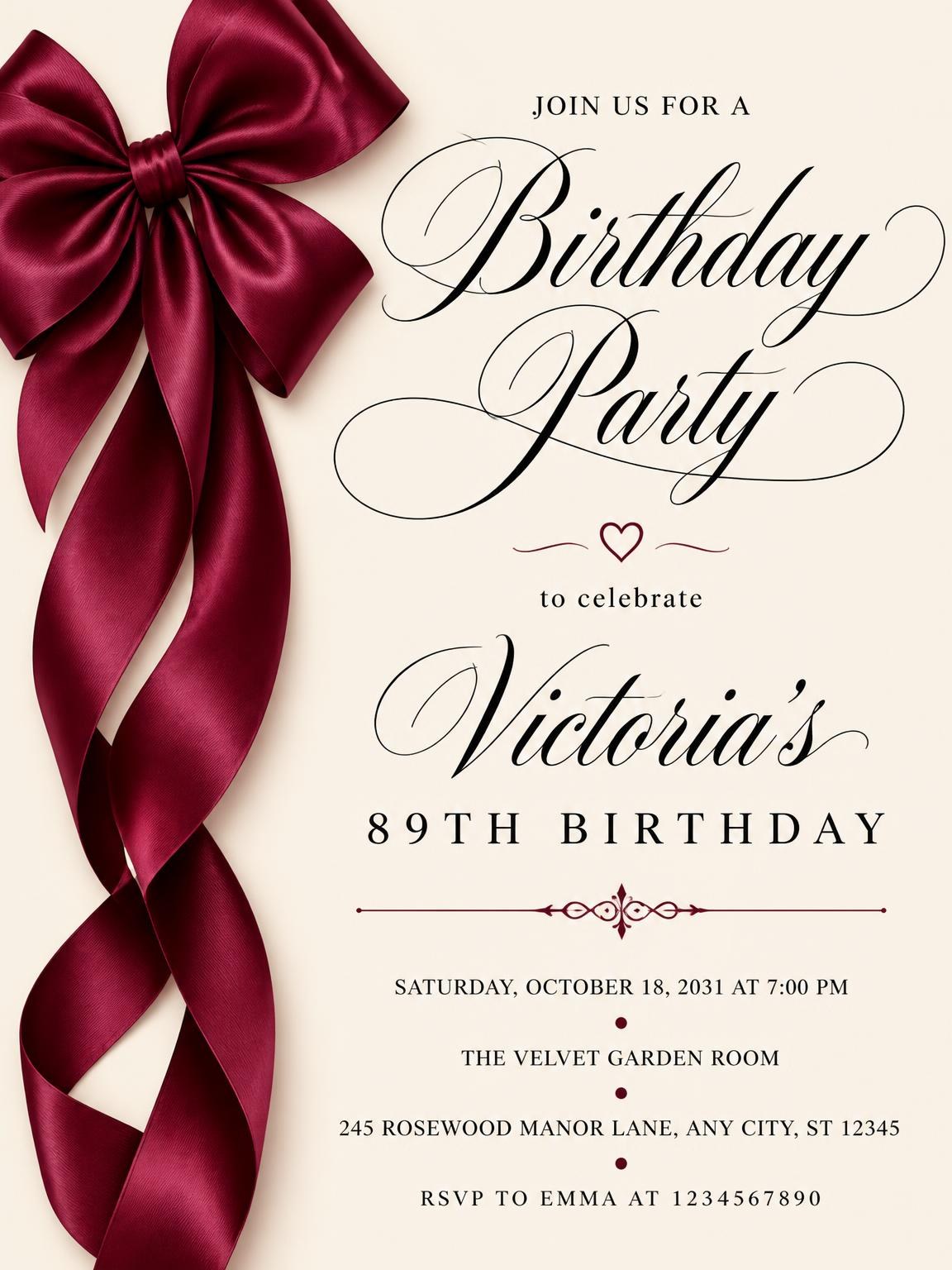Burgundy Satin Bow 89th Birthday Invitation