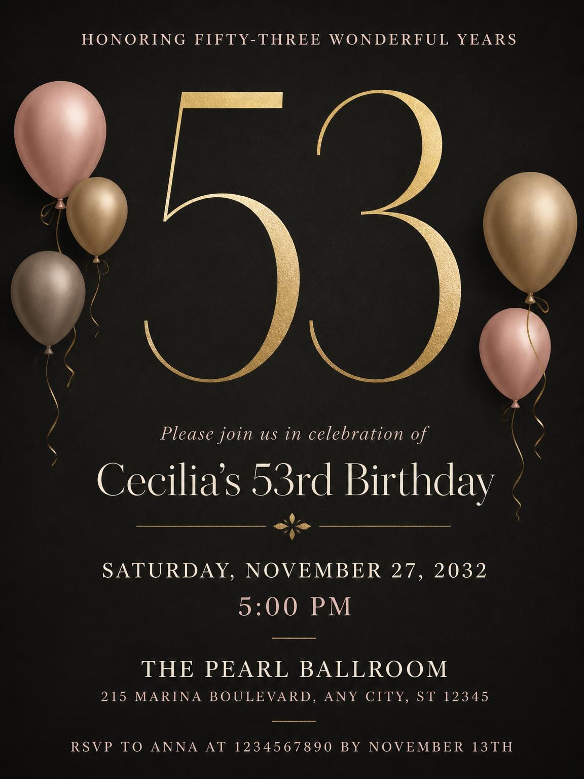 Charcoal and Blush 53rd Birthday Invitation