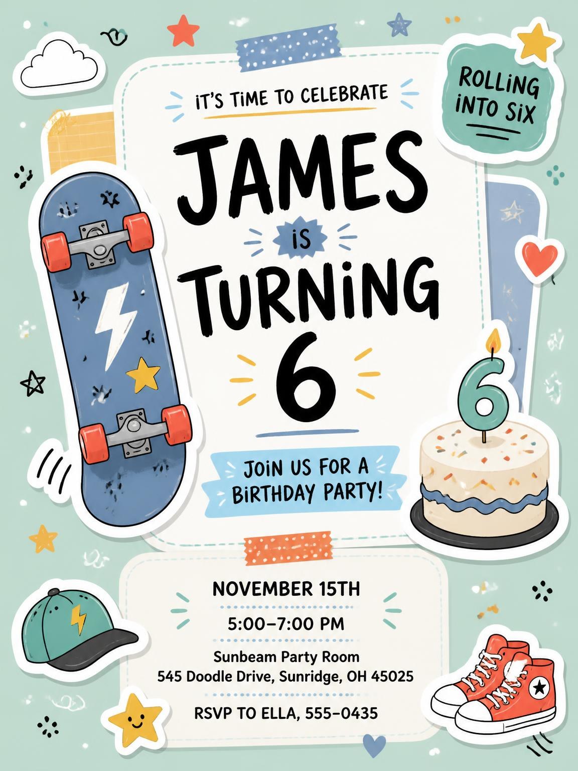 Skateboard Pastel 6th Birthday Invitation