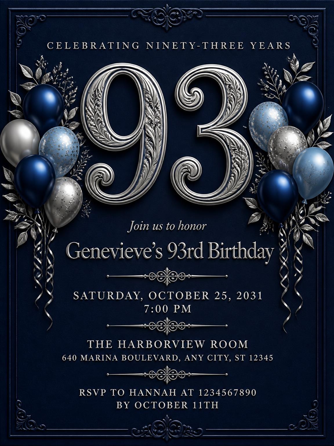 Navy and Silver 93rd Birthday Invitation