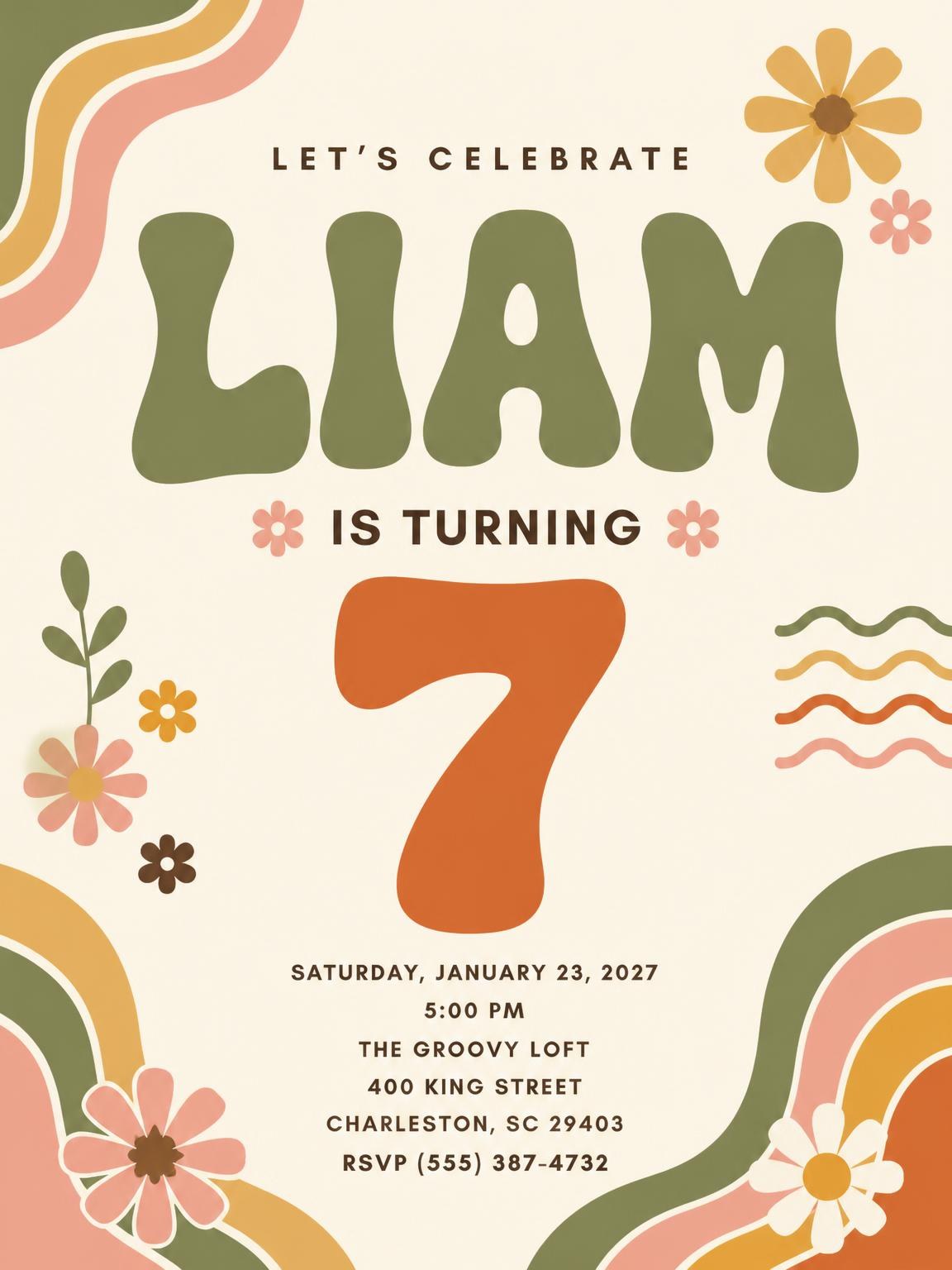 Groovy Retro 7th Birthday Invitation