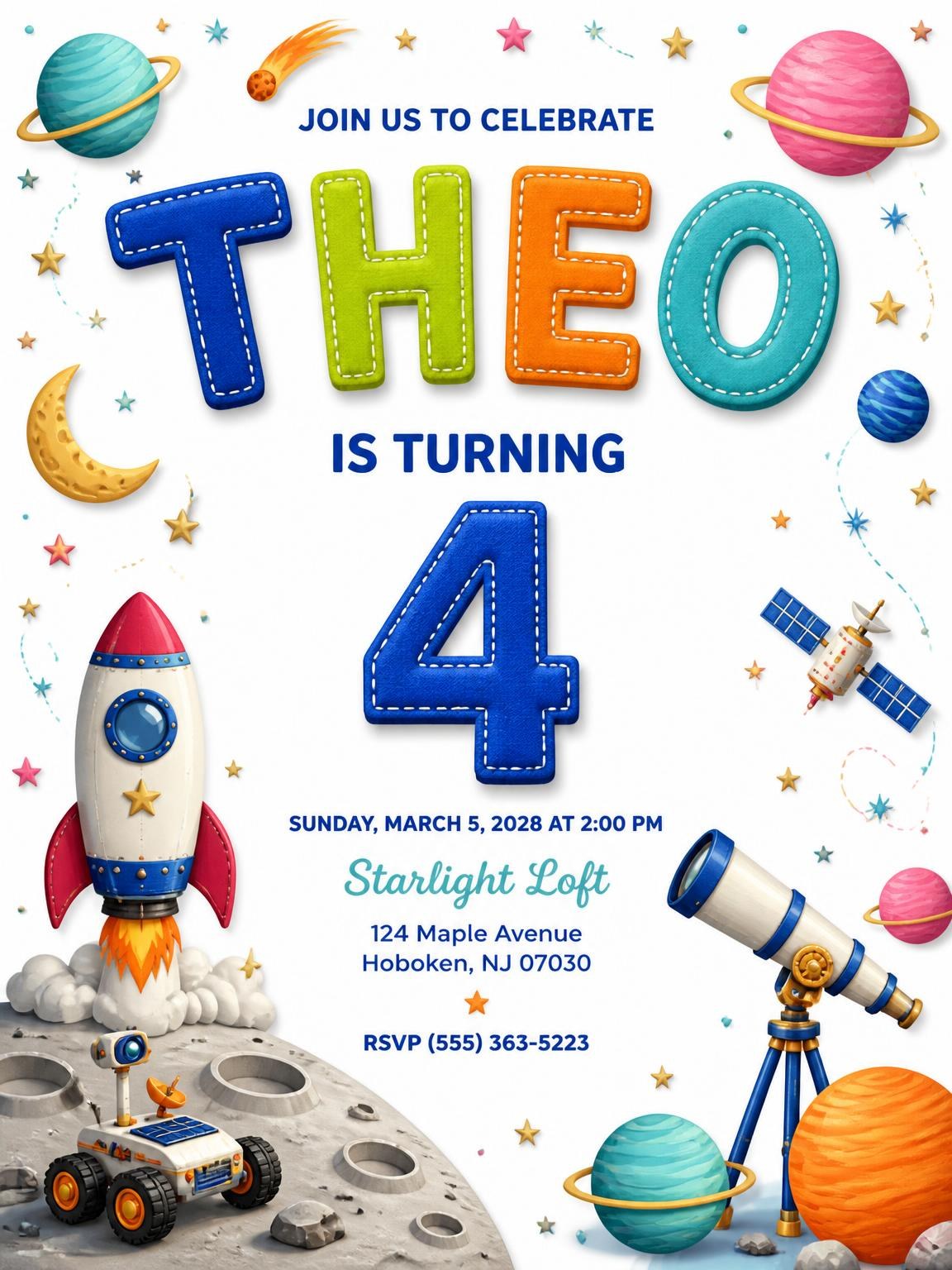 Stitched Space 4th Birthday Invitation
