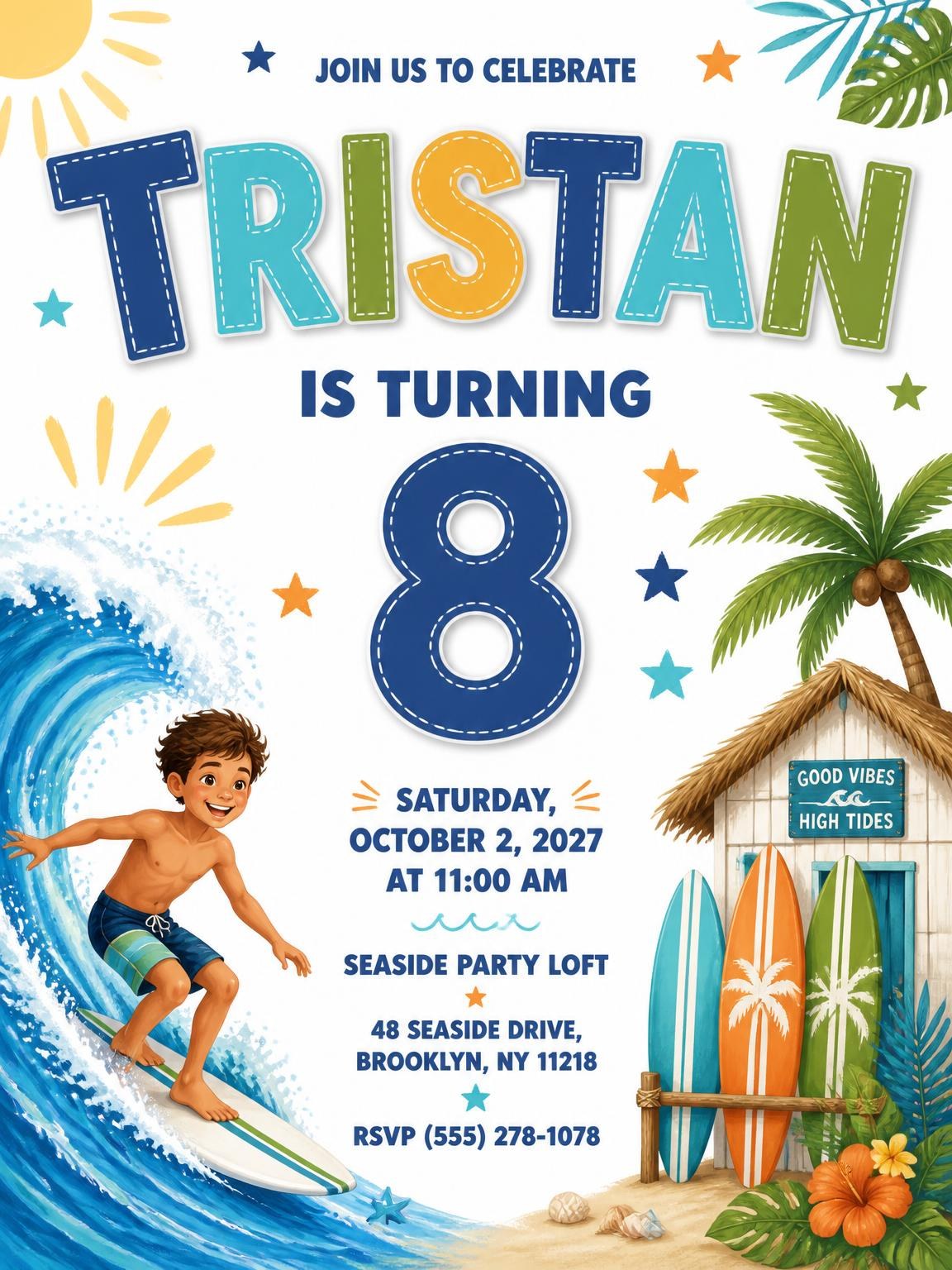 Surfer Wave Stitched 8th Birthday Invitation