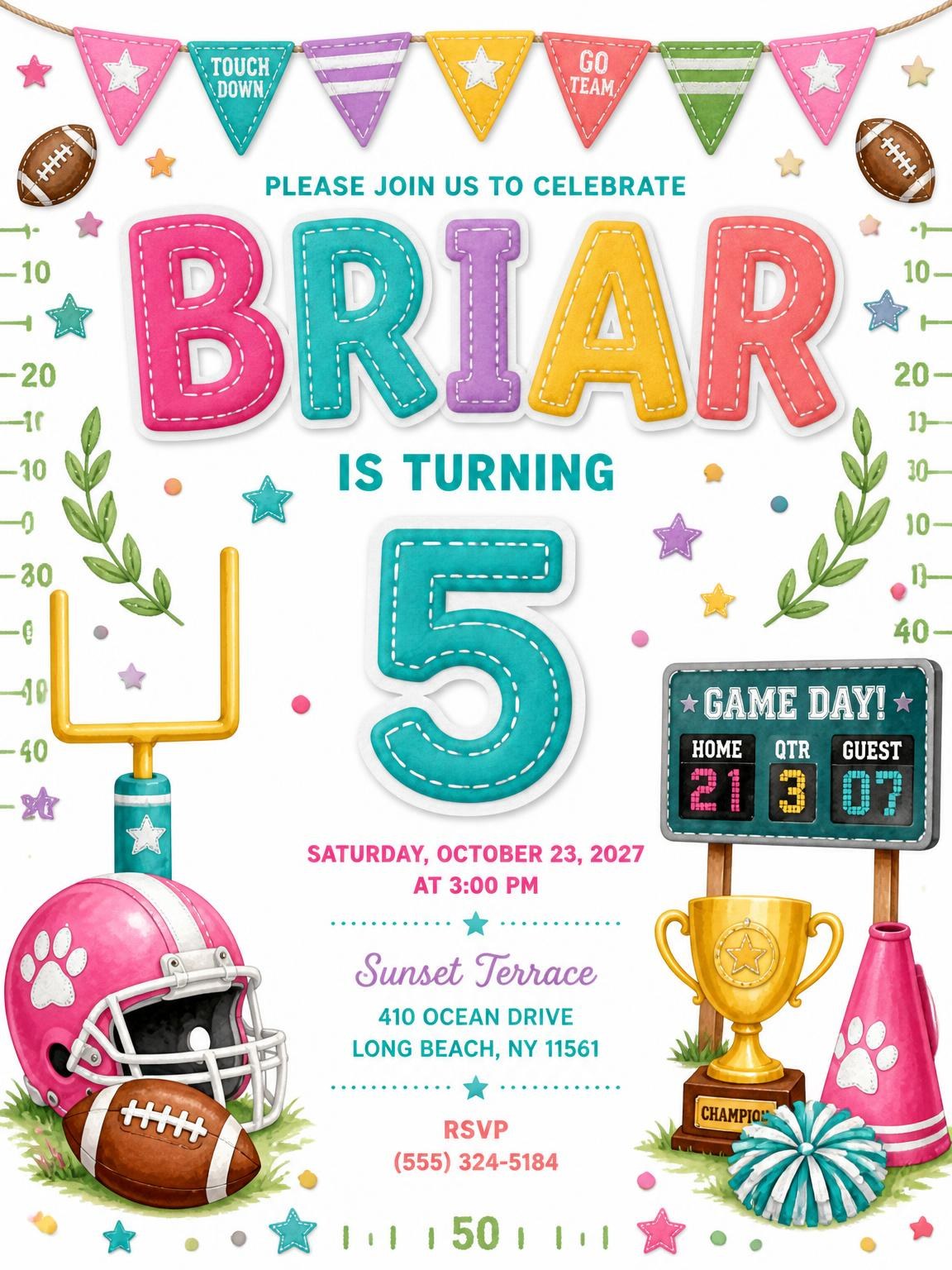 Stitched Football 5th Birthday Invitation