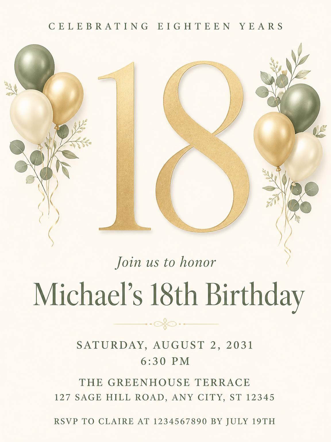 Sage and Ivory 18th Birthday Invitation