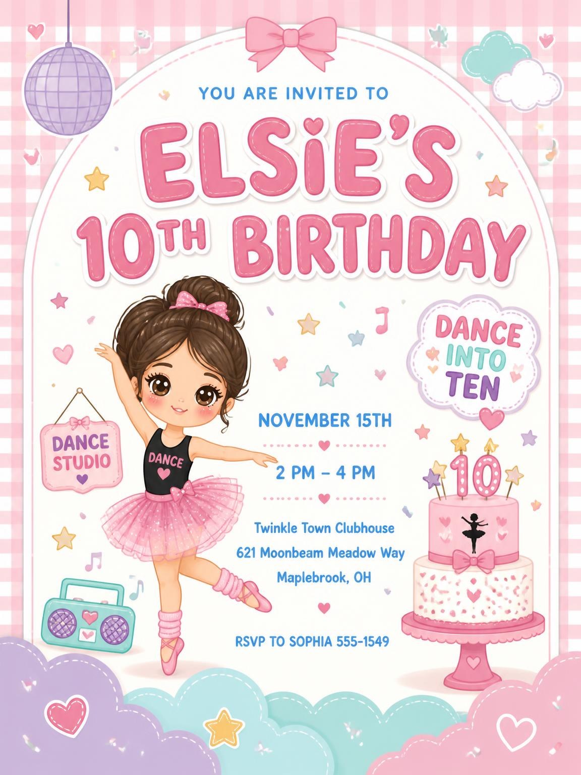 Ballerina Kawaii 10th Birthday Invitation