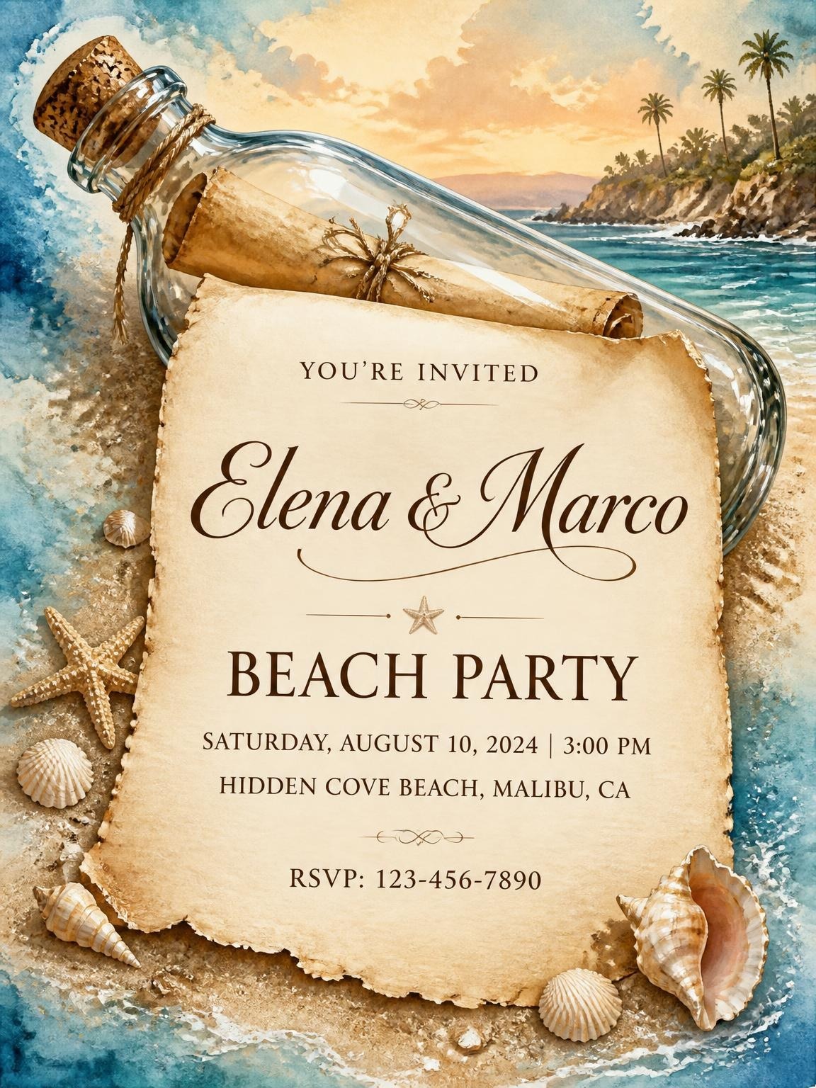 Watercolor Message in Bottle Beach Party