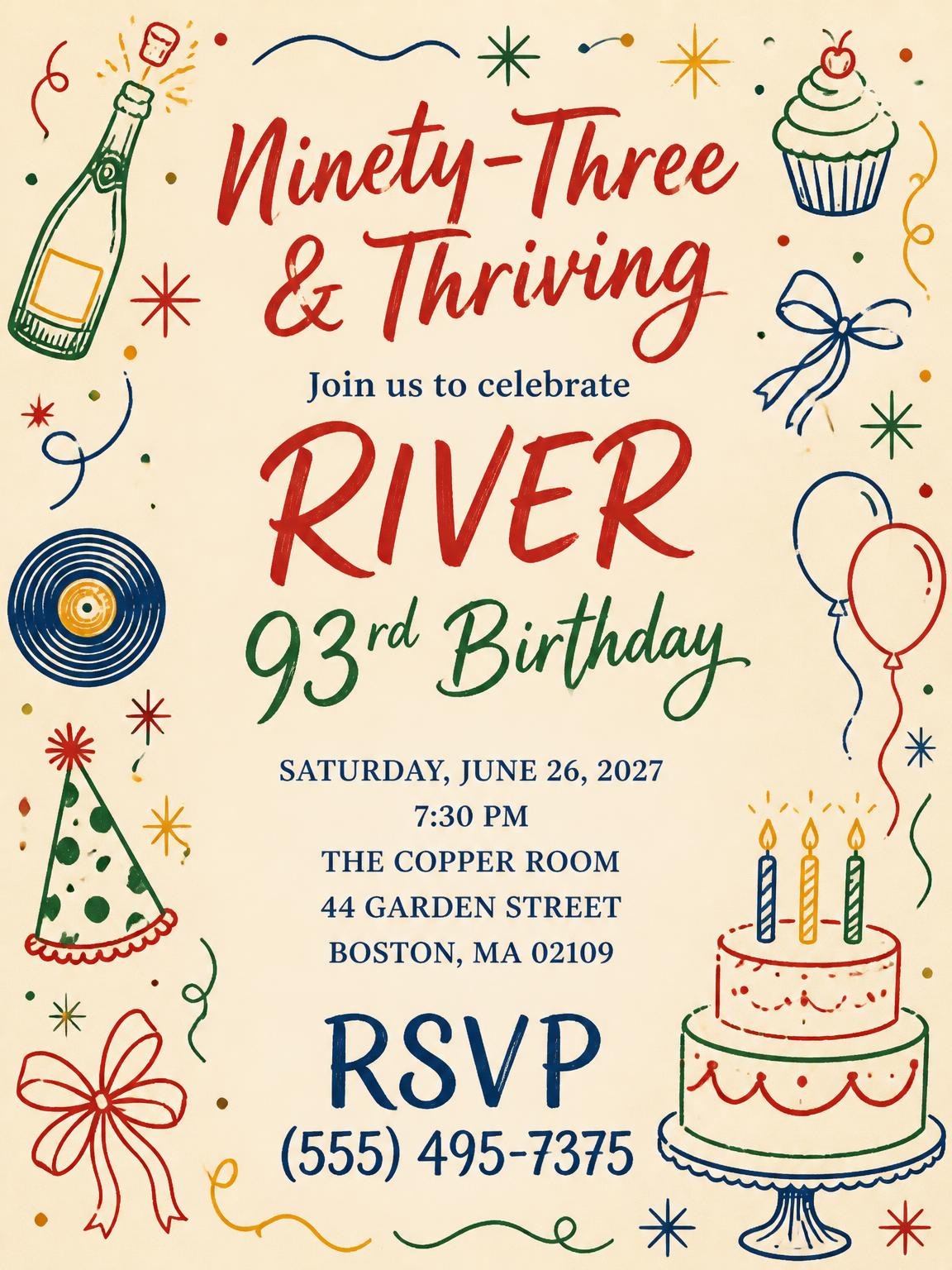Retro Doodle 93rd Birthday Invitation