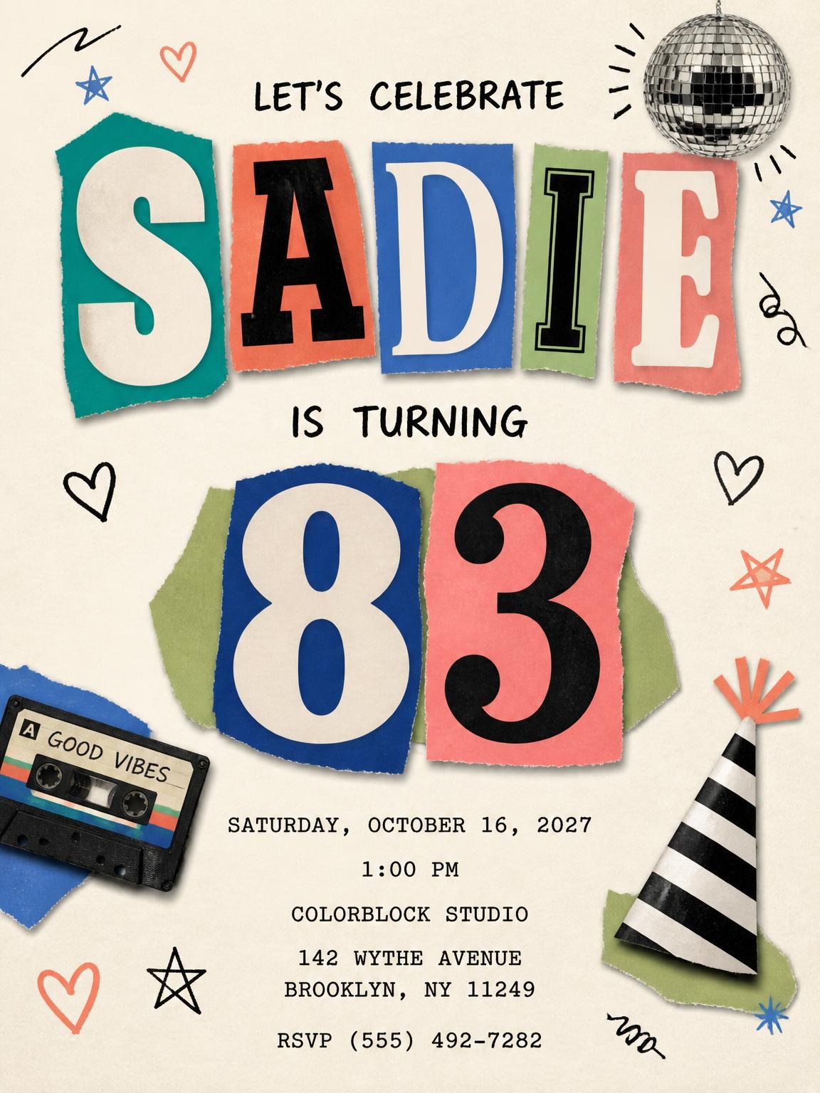 Retro Paper Collage 83rd Birthday Invitation