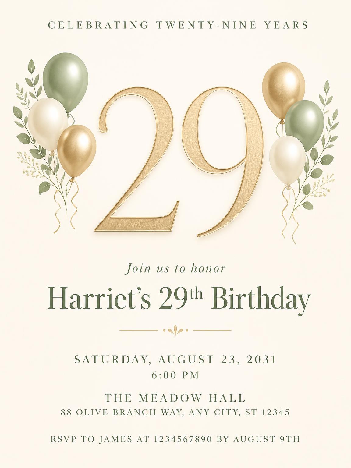 Sage and Ivory 29th Birthday Invitation