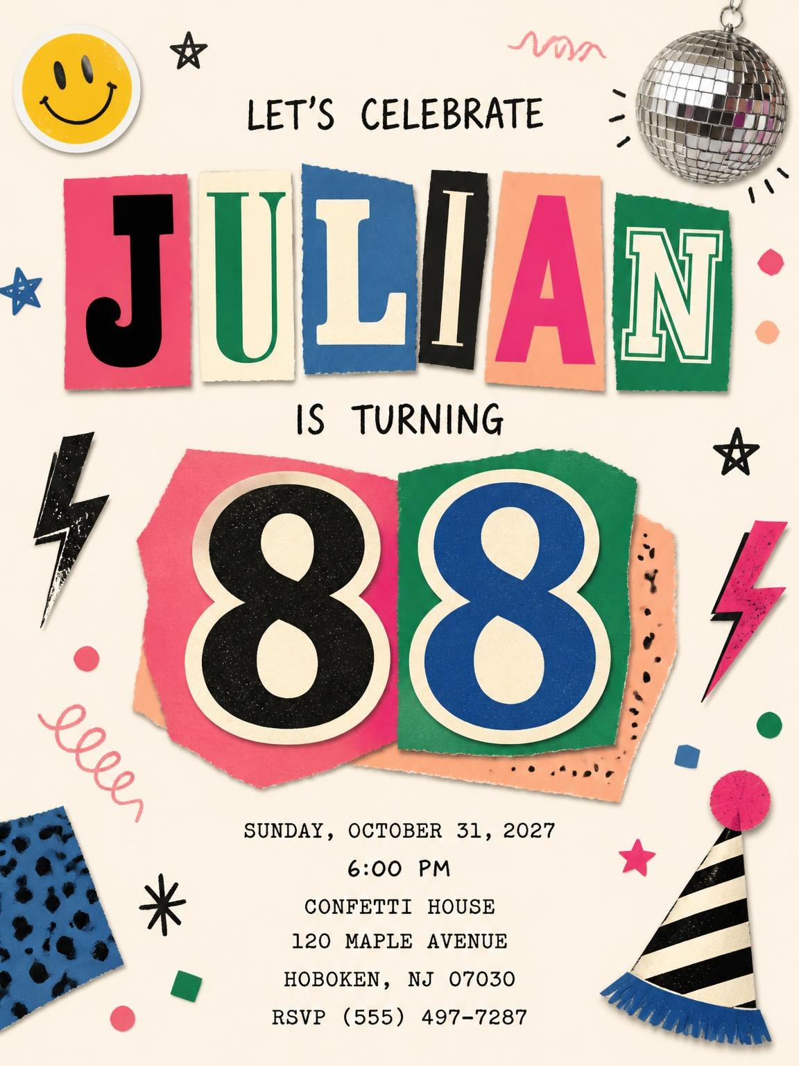 Retro Paper Collage 88th Birthday Invitation
