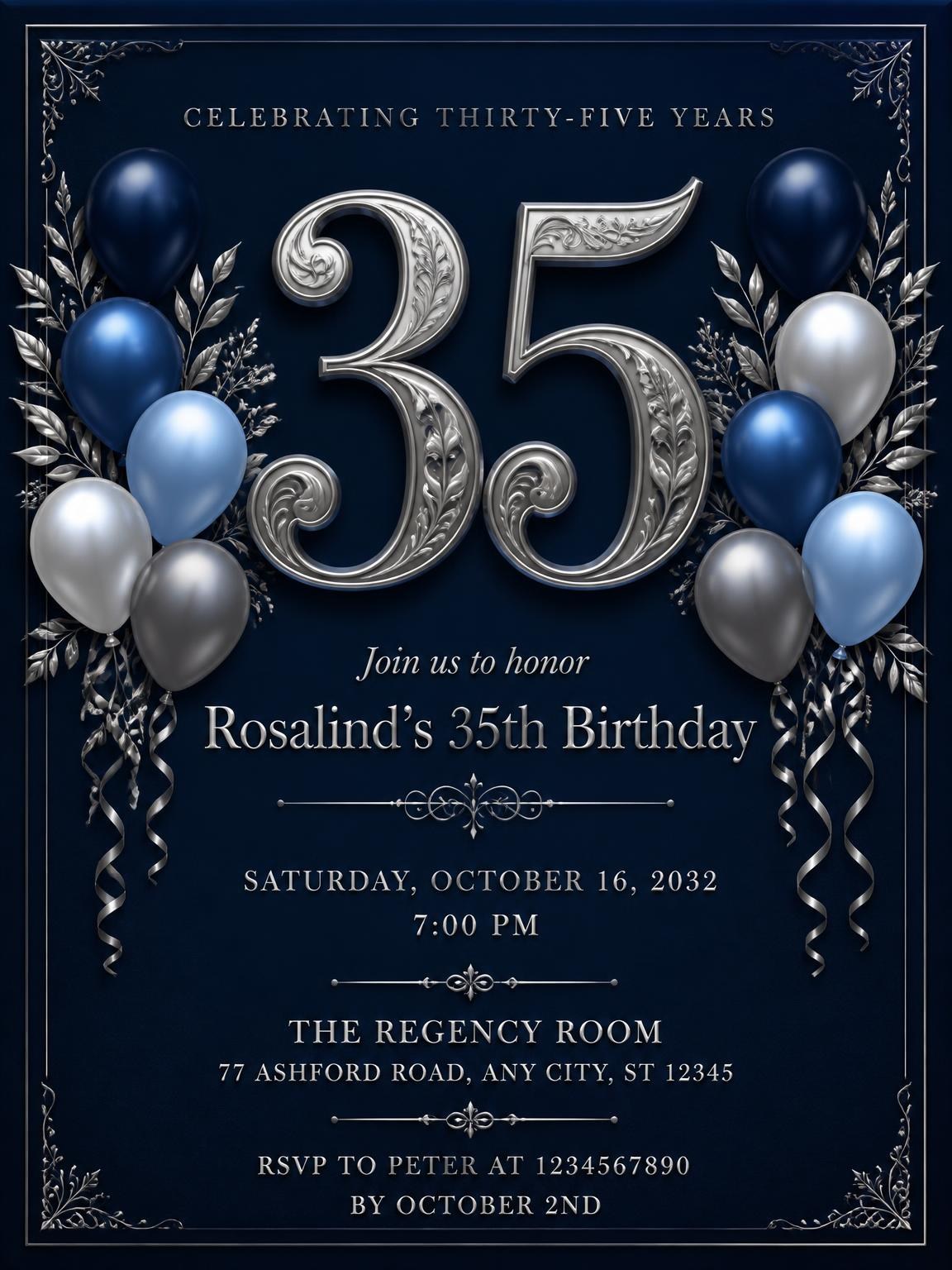 Navy and Silver 35th Birthday Invitation