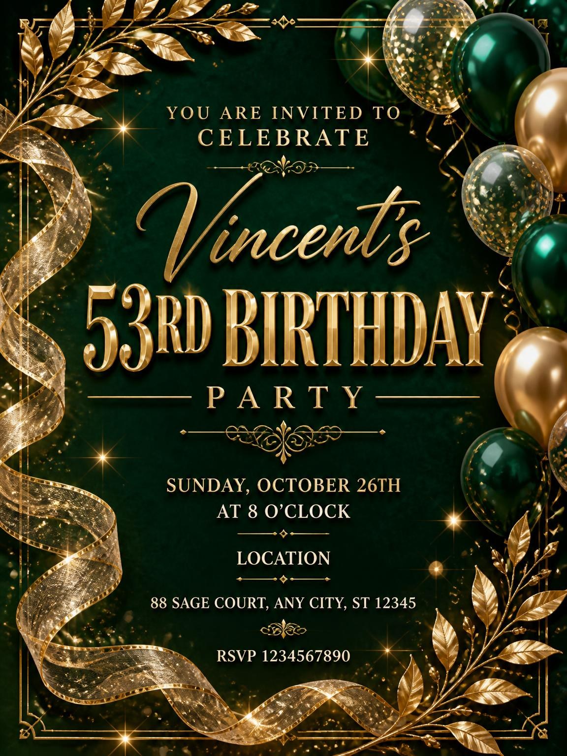 Emerald and Champagne 53rd Birthday Invitation