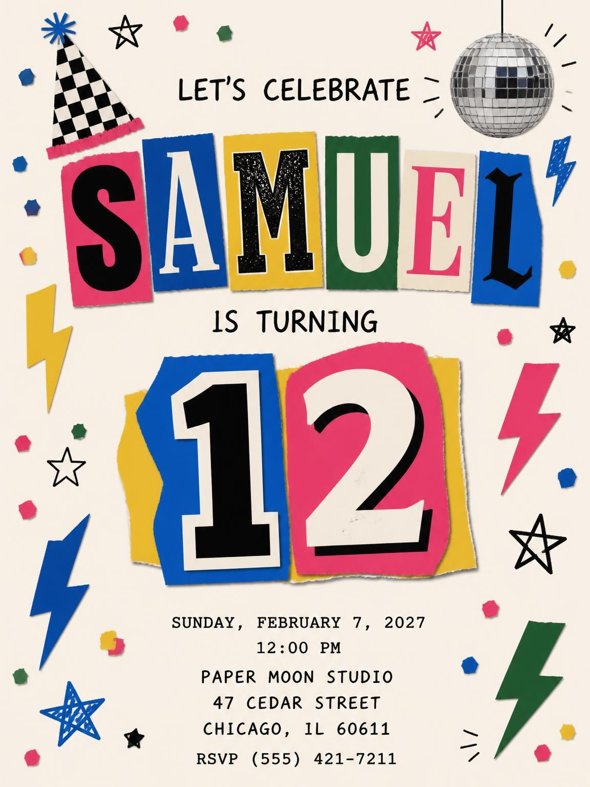 Retro Paper Collage 12th Birthday Invitation