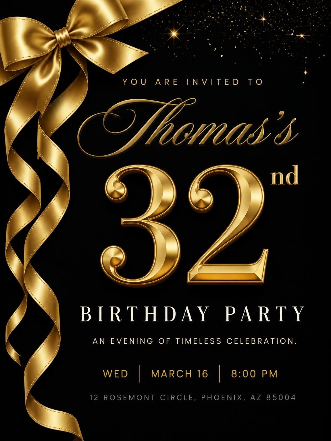 Black and Gold Ribbon 32nd Birthday