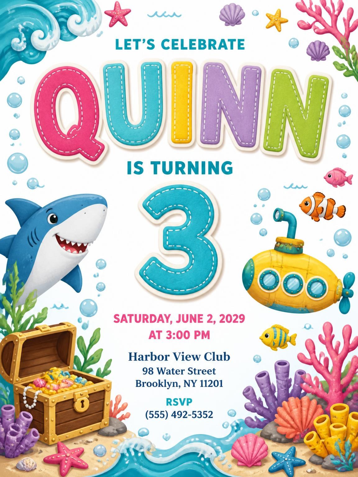 Stitched Shark 3rd Birthday Invitation