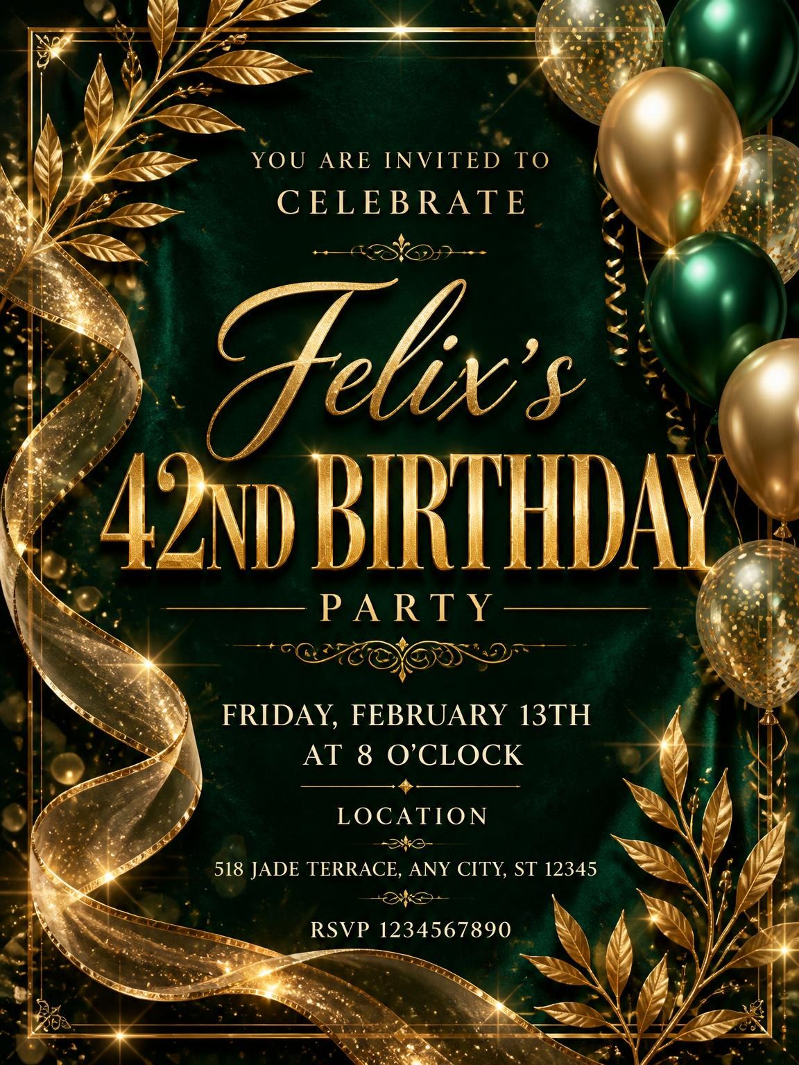 Emerald and Champagne 42nd Birthday Invitation