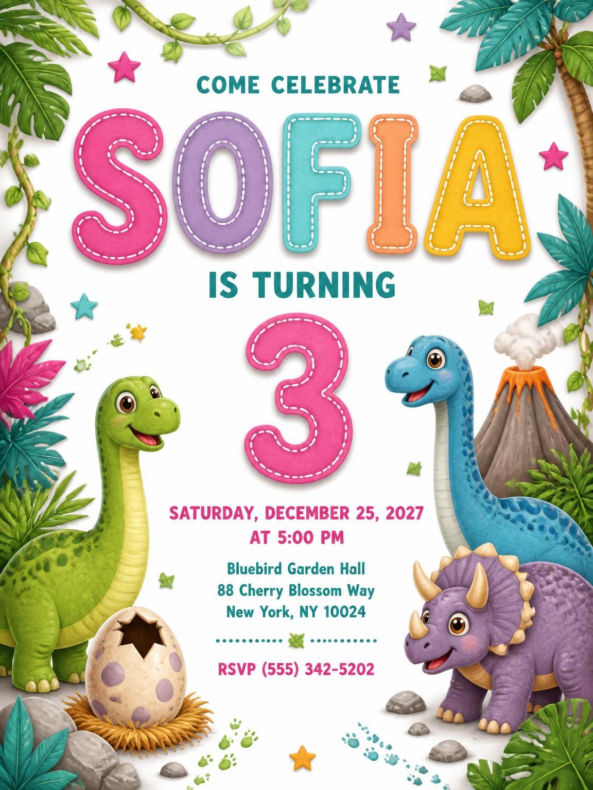 Stitched Dinosaur 3rd Birthday Invitation