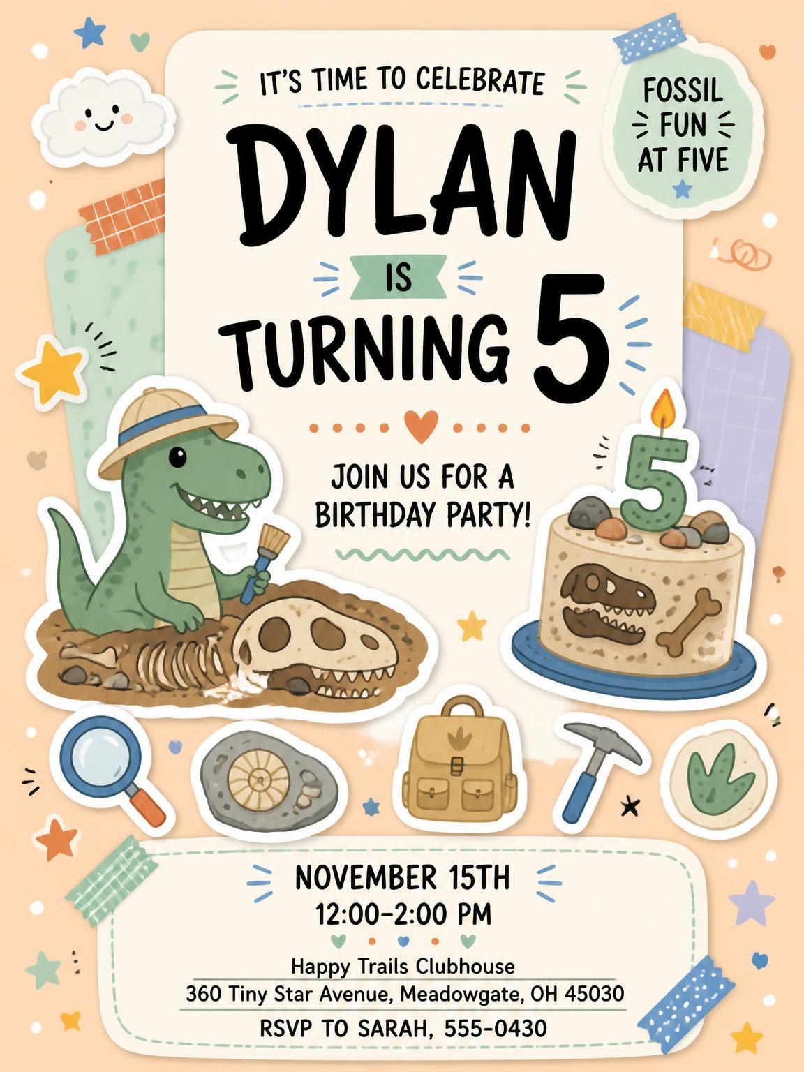 Paleontologist Dinosaur 5th Birthday Invitation