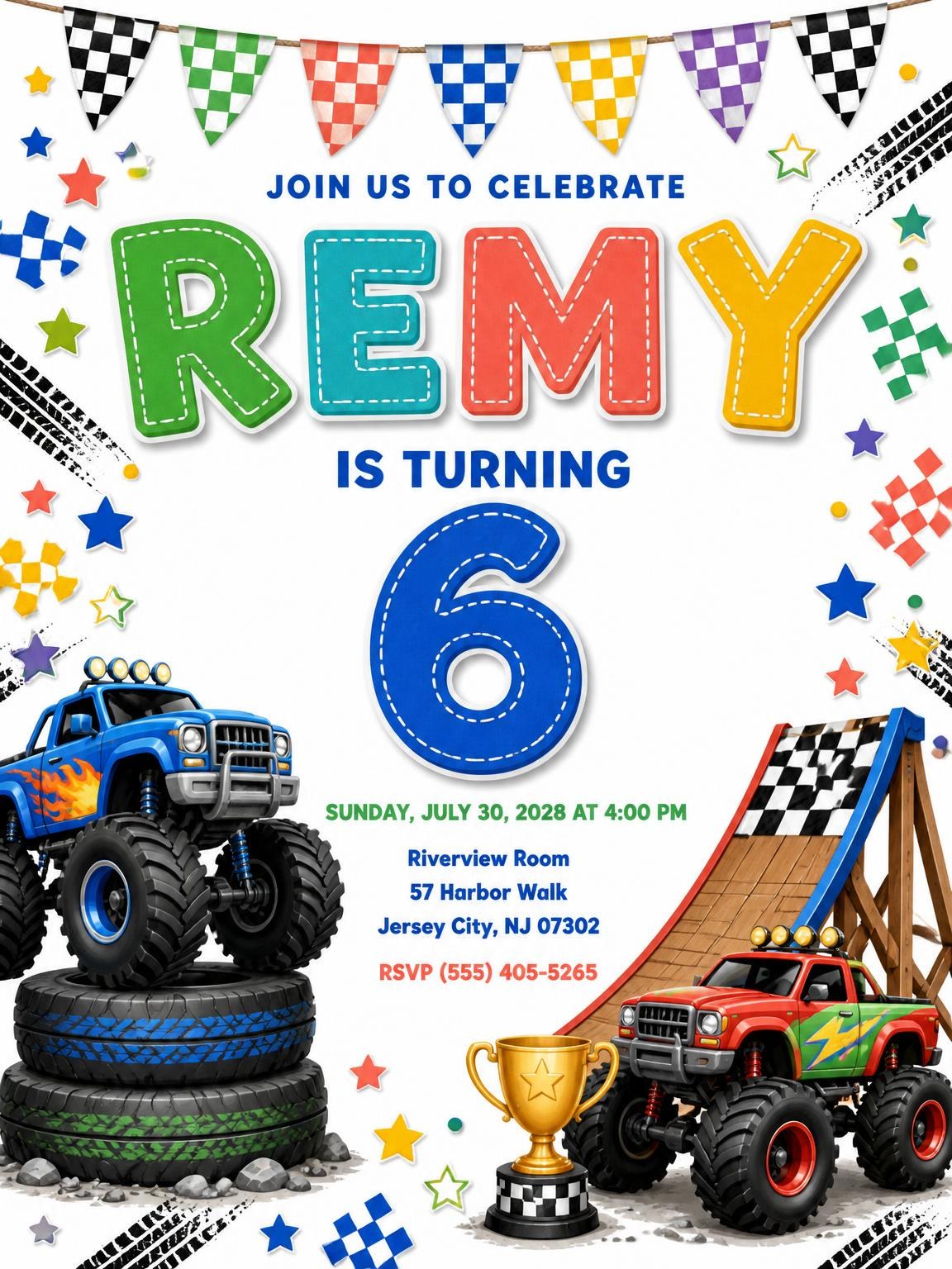 Stitched Monster Truck 6th Birthday Invitation