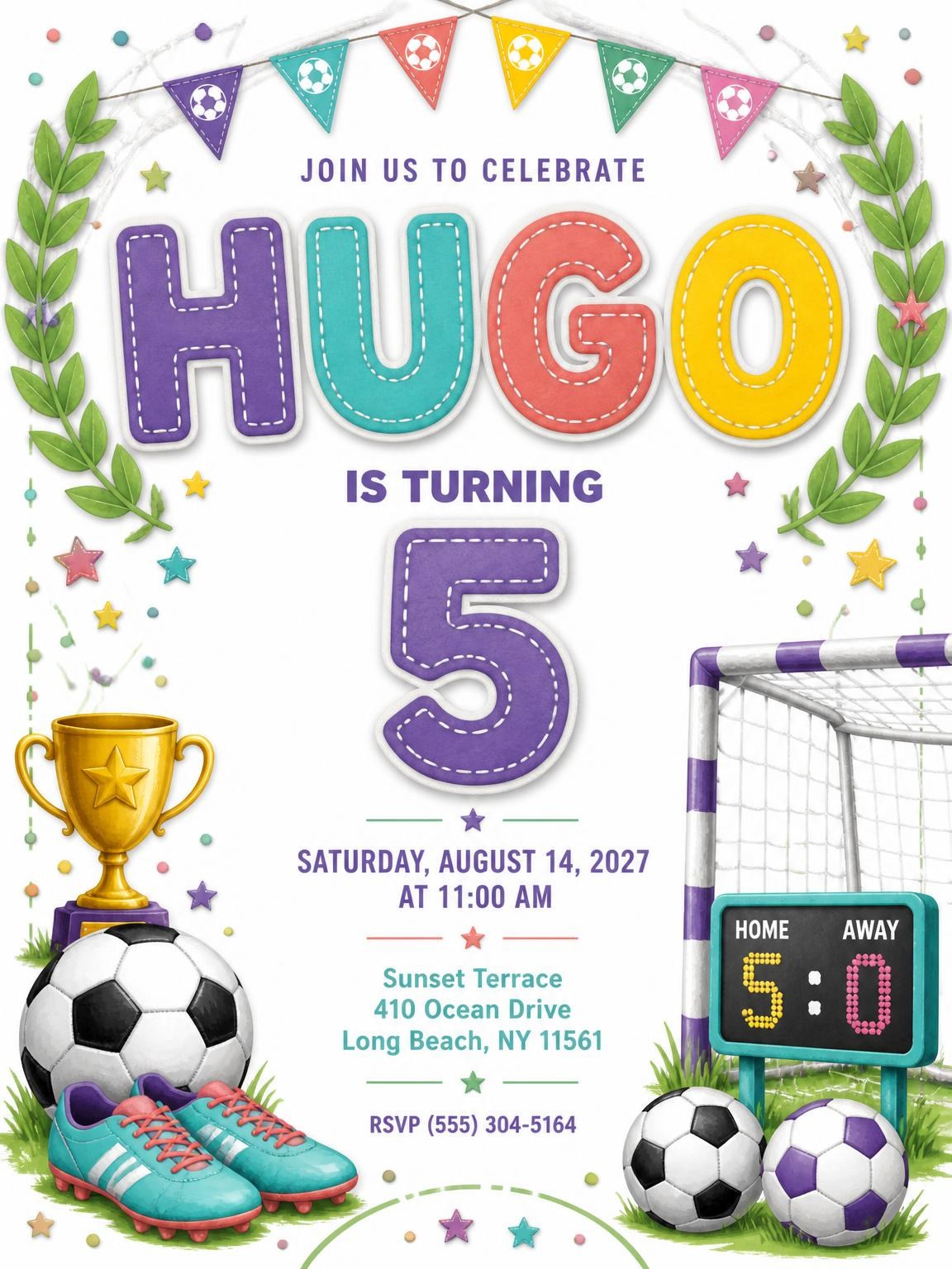 Stitched Soccer 5th Birthday Invitation
