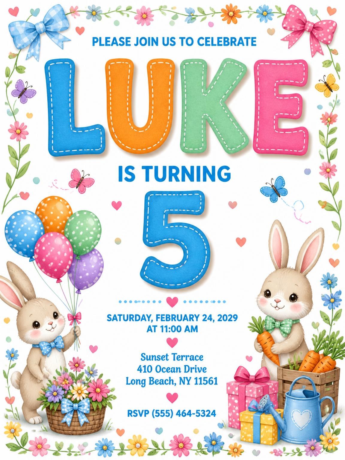 Stitched Bunny Garden 5th Birthday Invitation