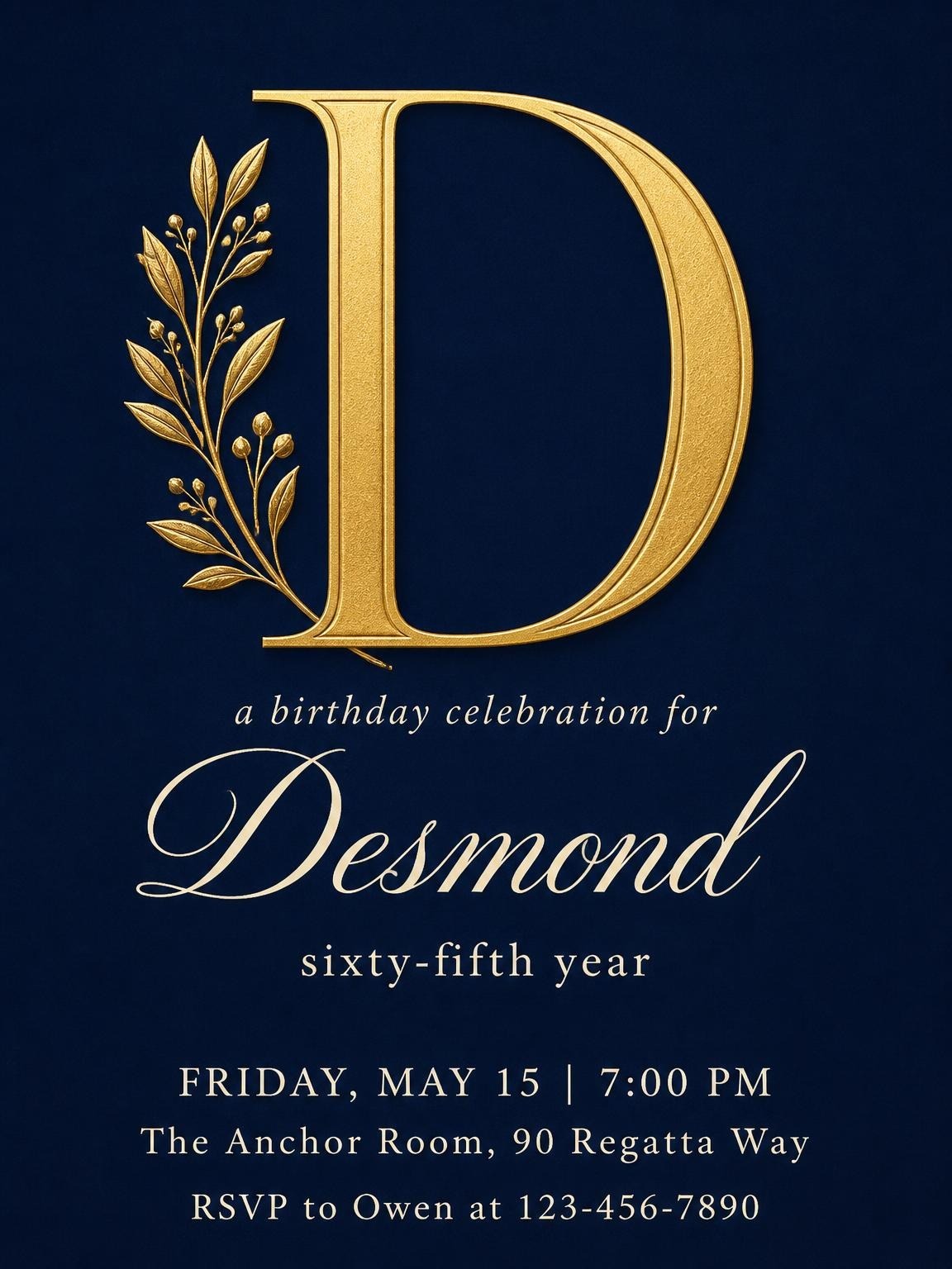 Navy and Gold Monogram 65th Birthday
