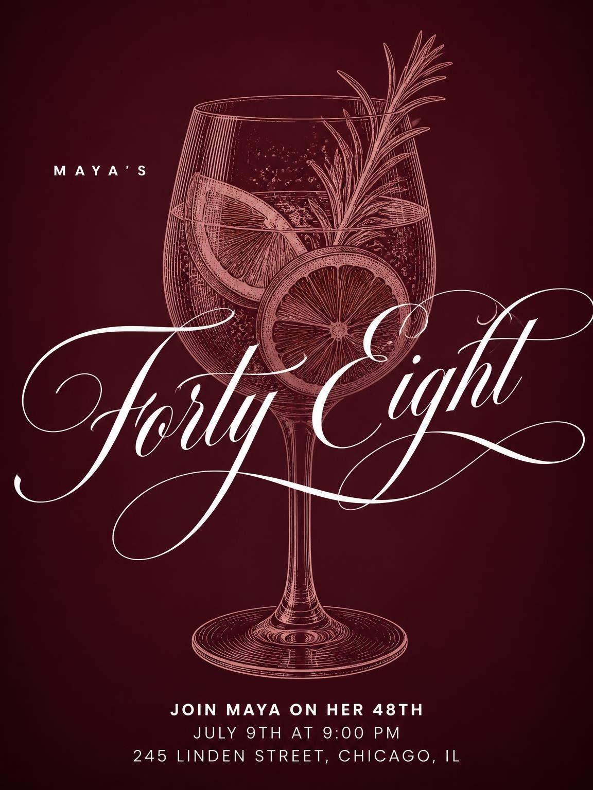 Burgundy Cocktail 48th Birthday Invitation