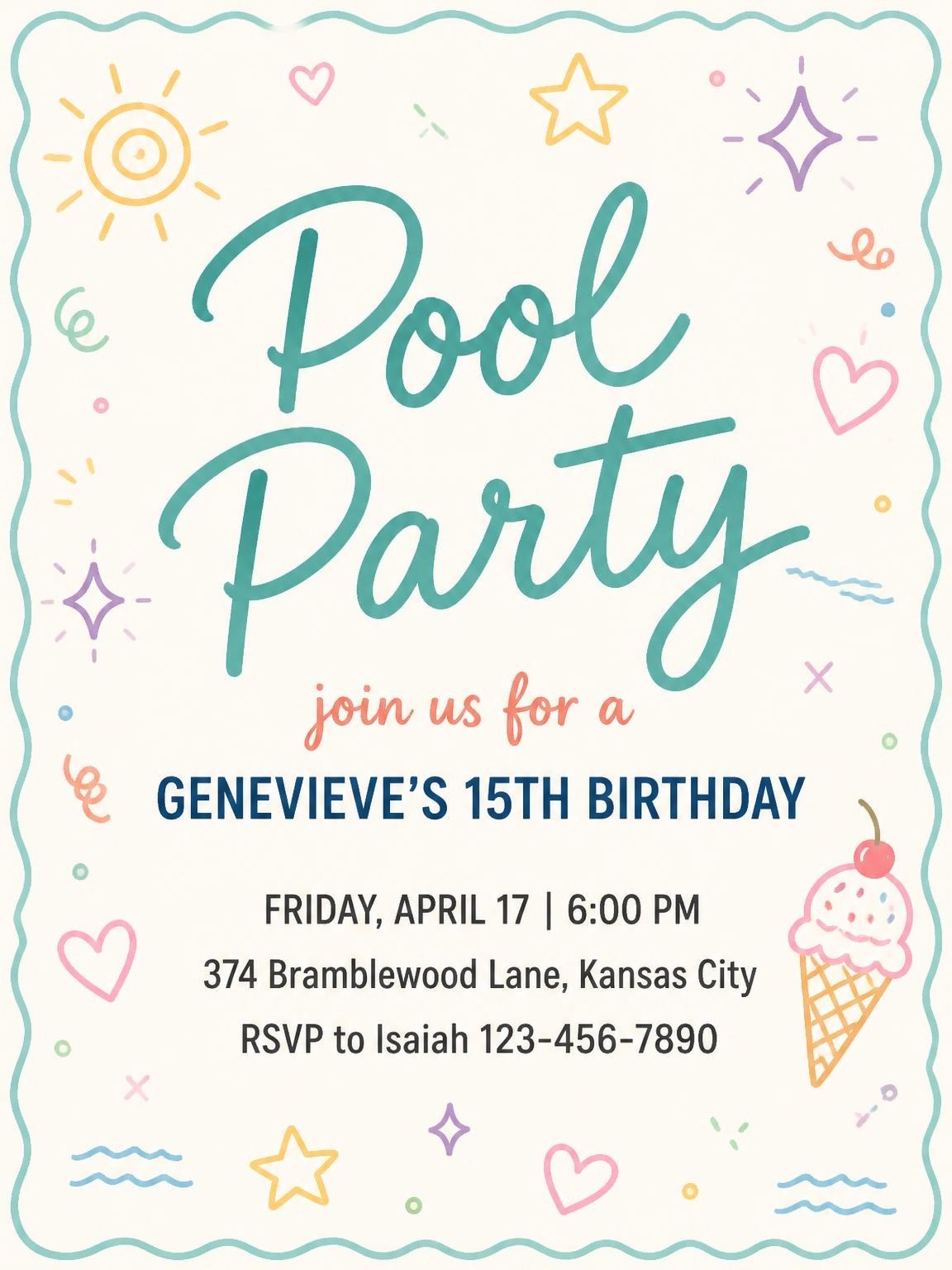 Pastel Doodle Scalloped Pool 15th Birthday