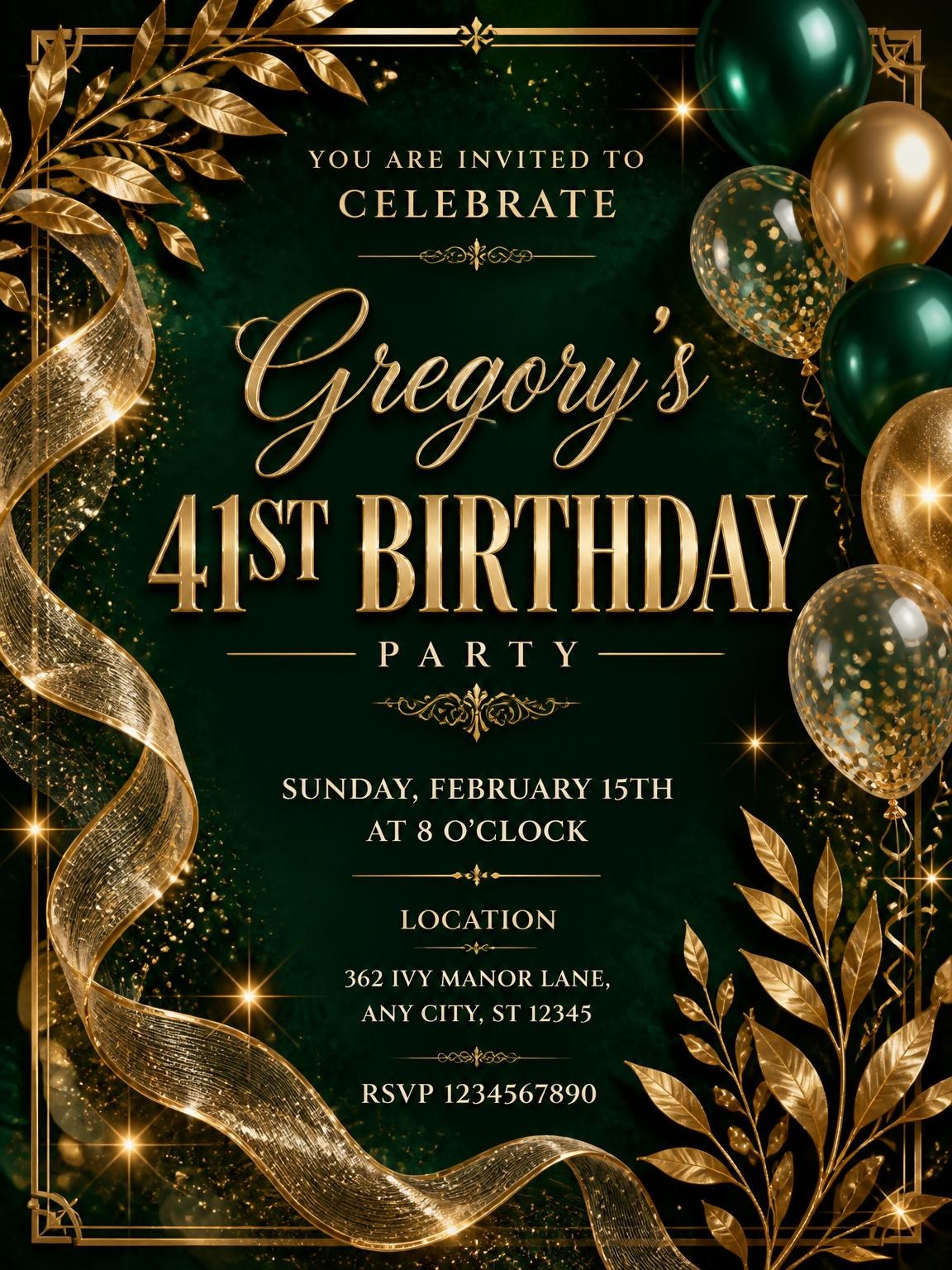 Emerald and Champagne 41st Birthday Invitation