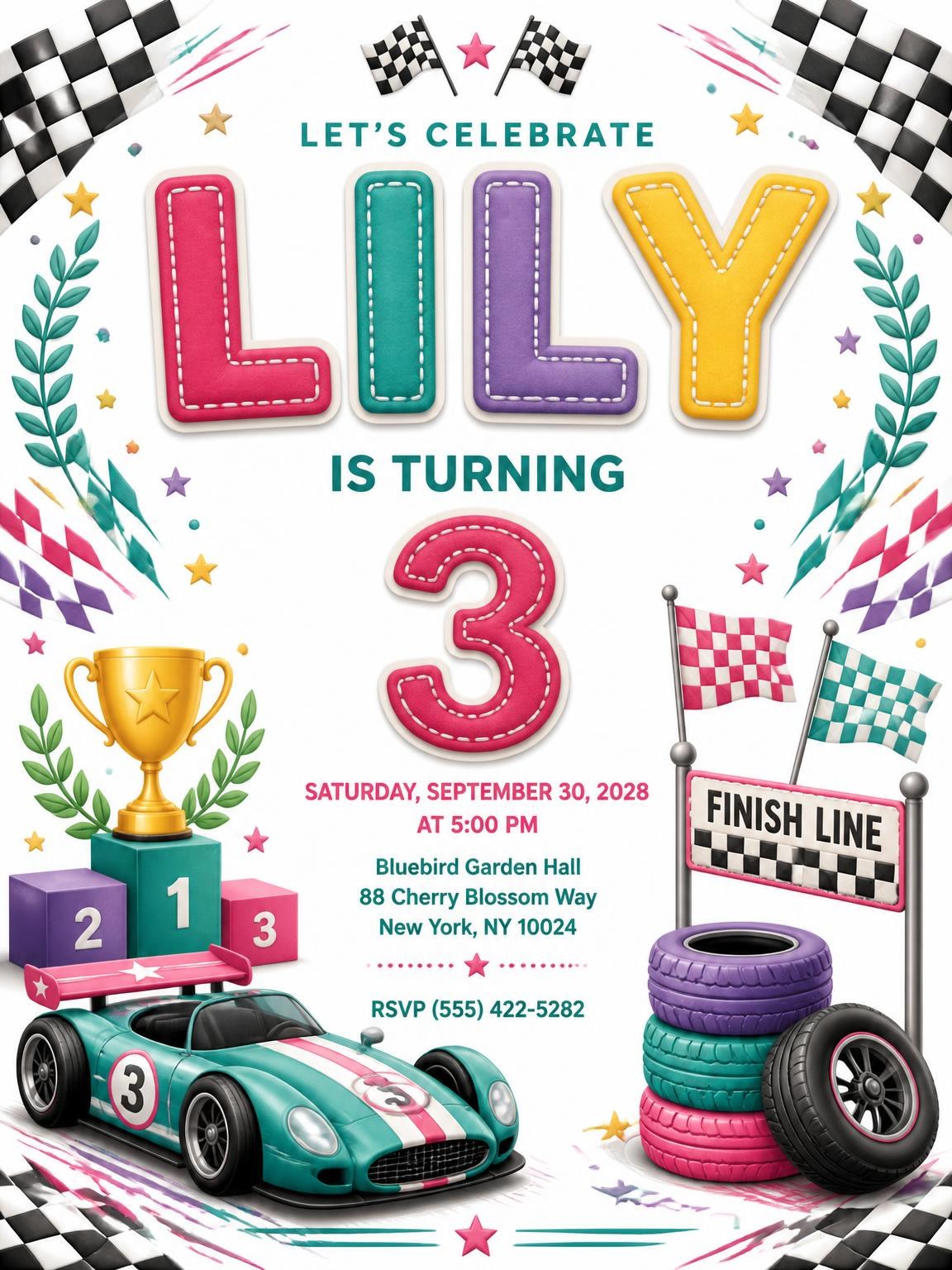 Stitched Race Car 3rd Birthday Invitation