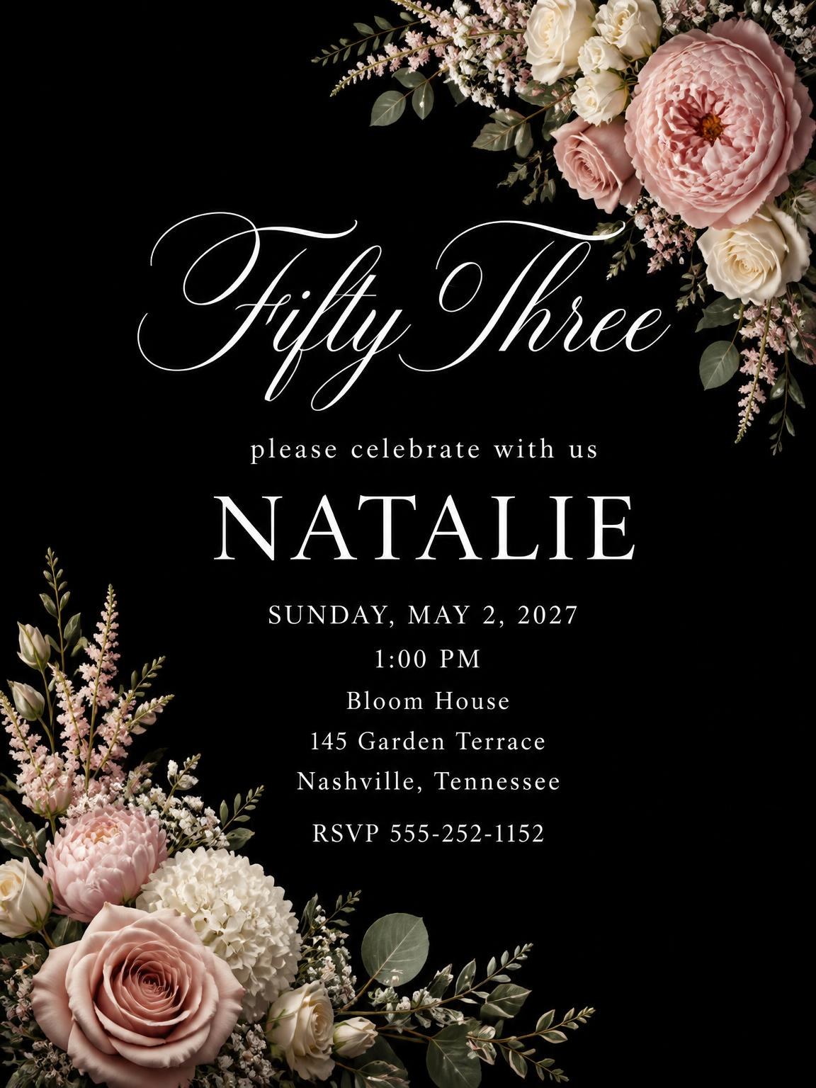Black Floral 53rd Birthday Invitation