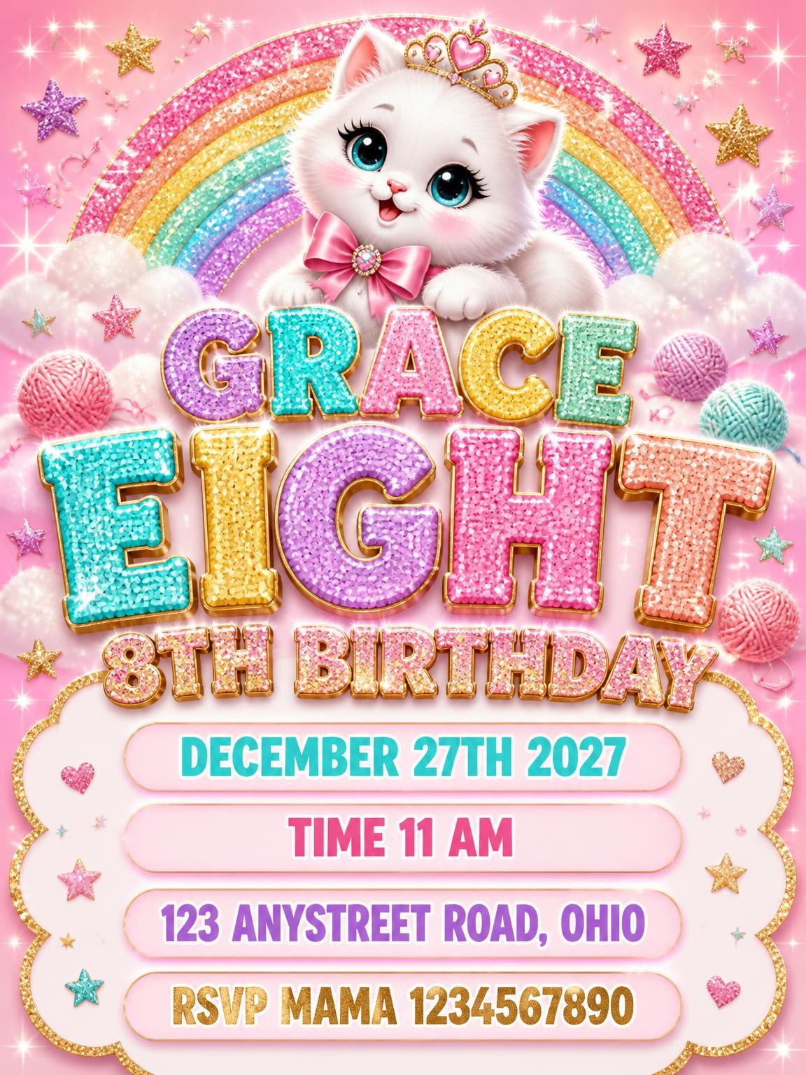 Glitter Kitty Cat 8th Birthday Invitation