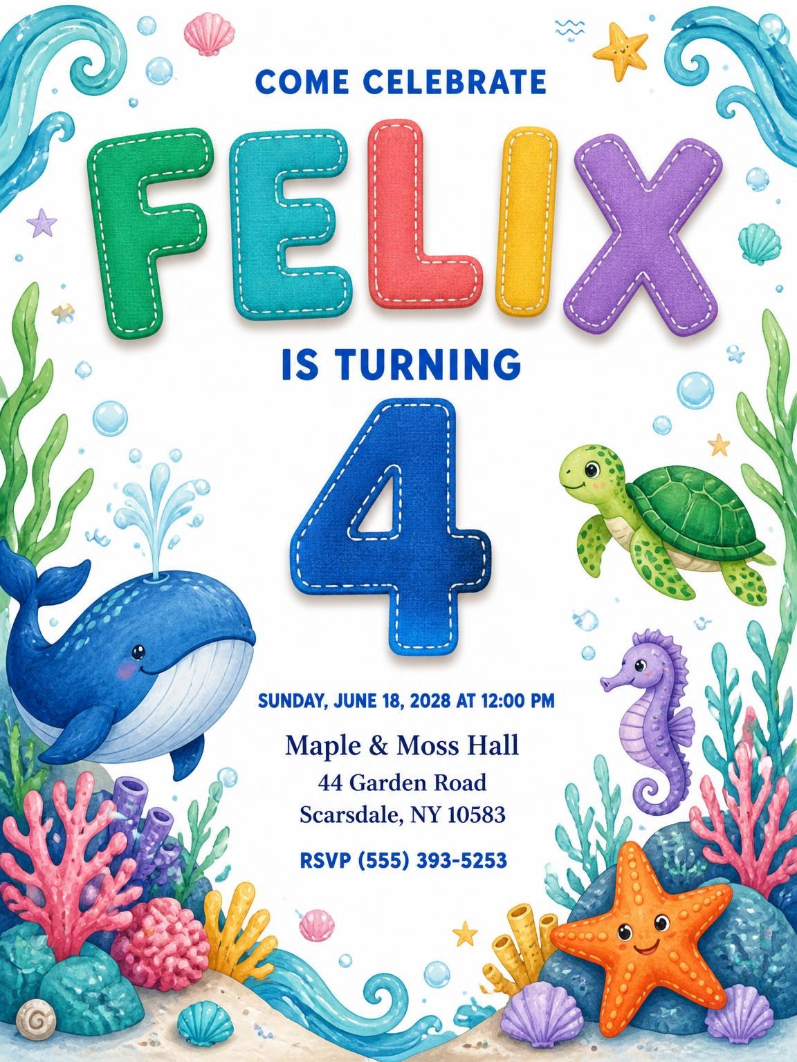 Stitched Under the Sea 4th Birthday Invitation