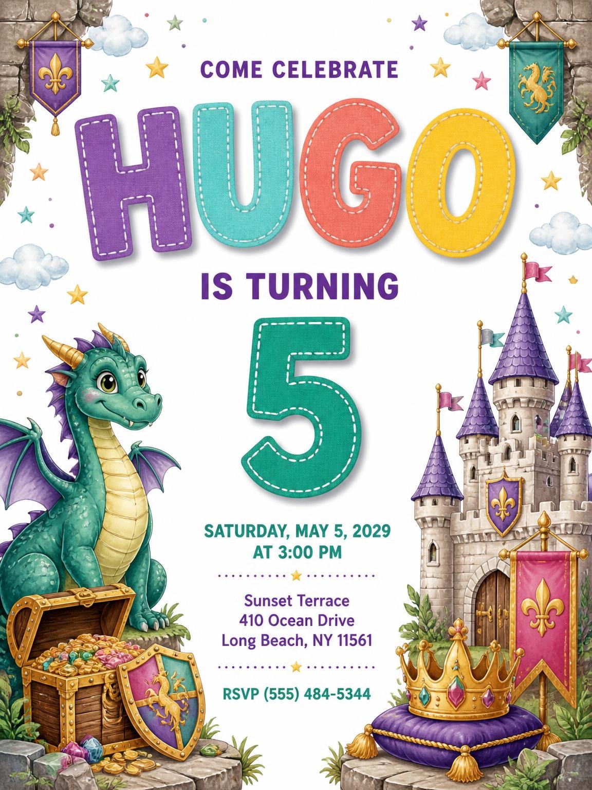 Stitched Dragon Castle 5th Birthday Invitation