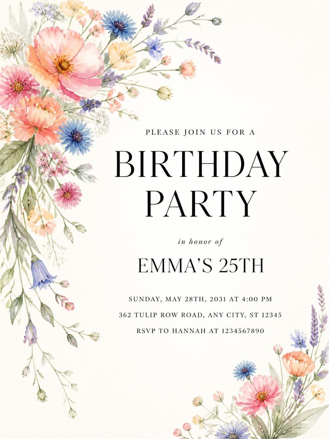 Pastel Botanical Bouquet 25th Birthday Invitation