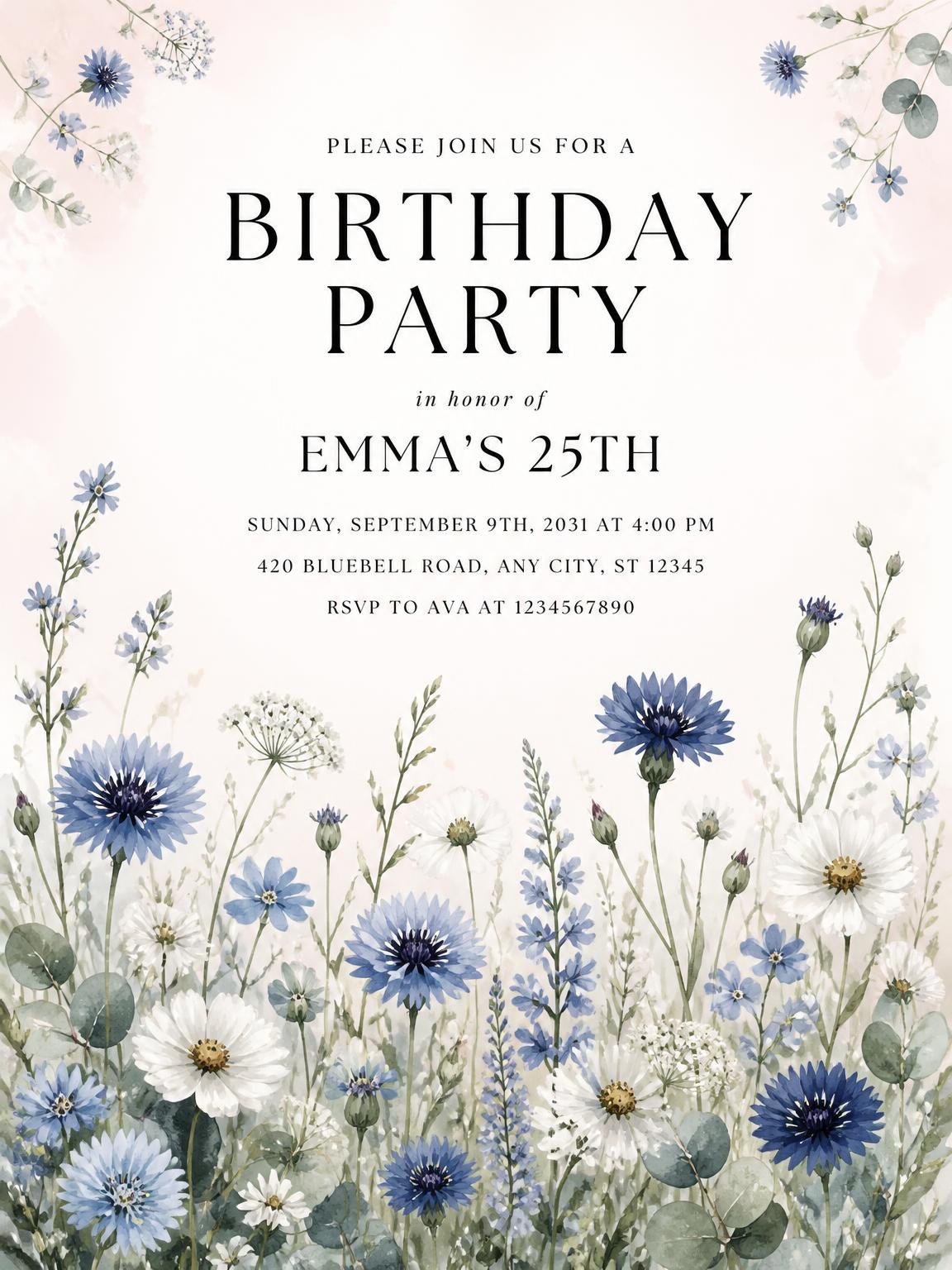 Wildflowers Dusty Blue 25th Birthday Invitation