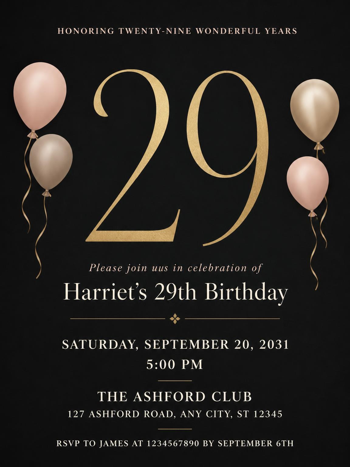 Charcoal and Blush 29th Birthday Invitation