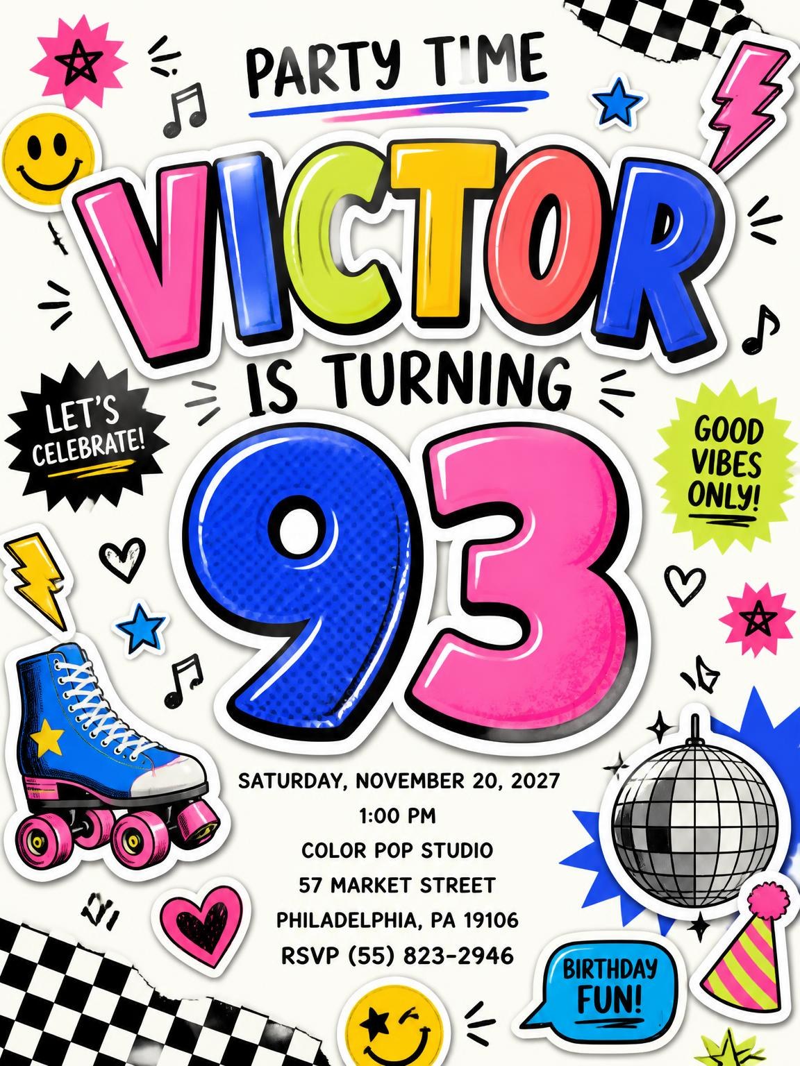 Sticker Pop 93rd Birthday Invitation
