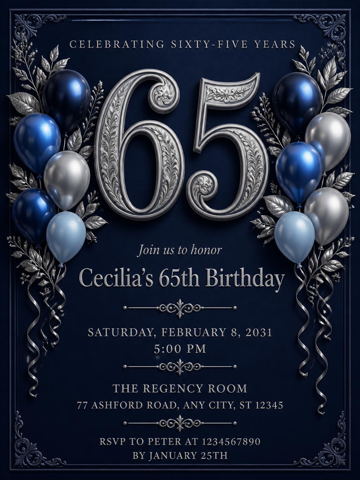 Navy and Silver 65th Birthday Invitation