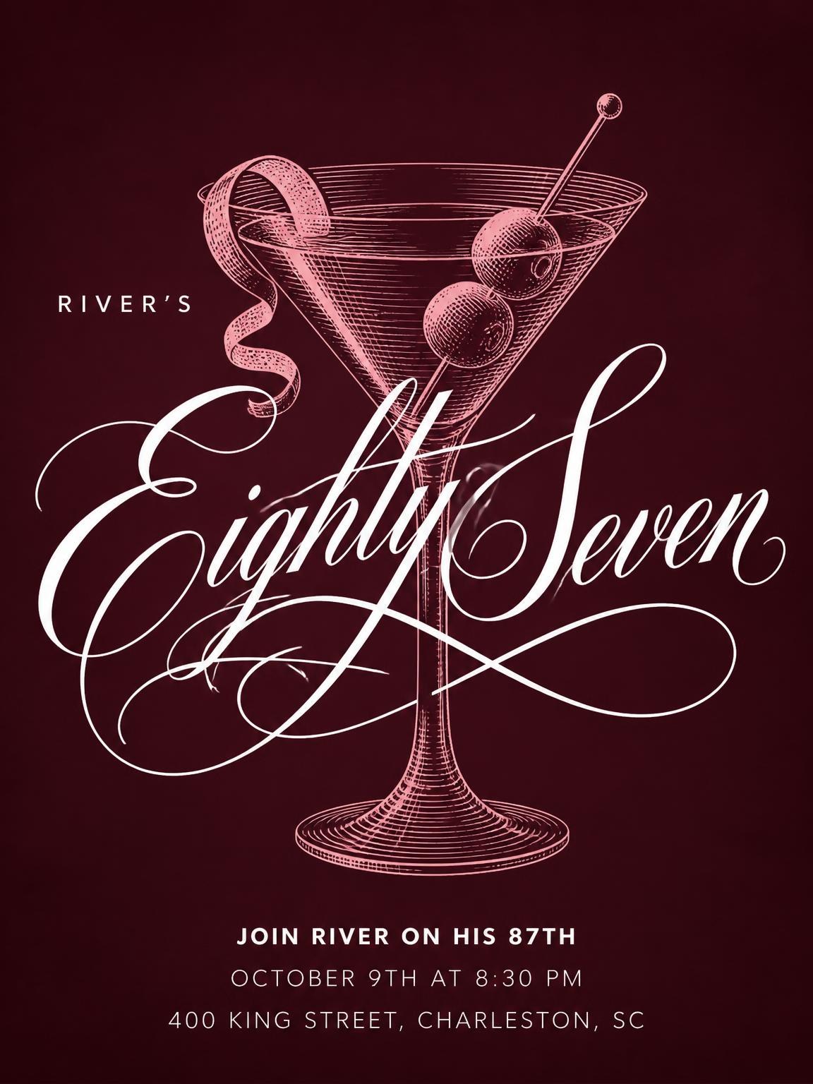 Burgundy Cocktail 87th Birthday Invitation