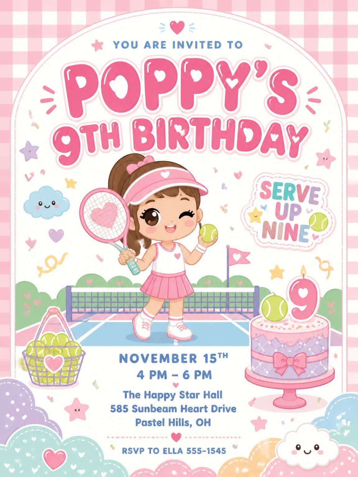 Court Net Kawaii Pastel 9th Birthday Invitation