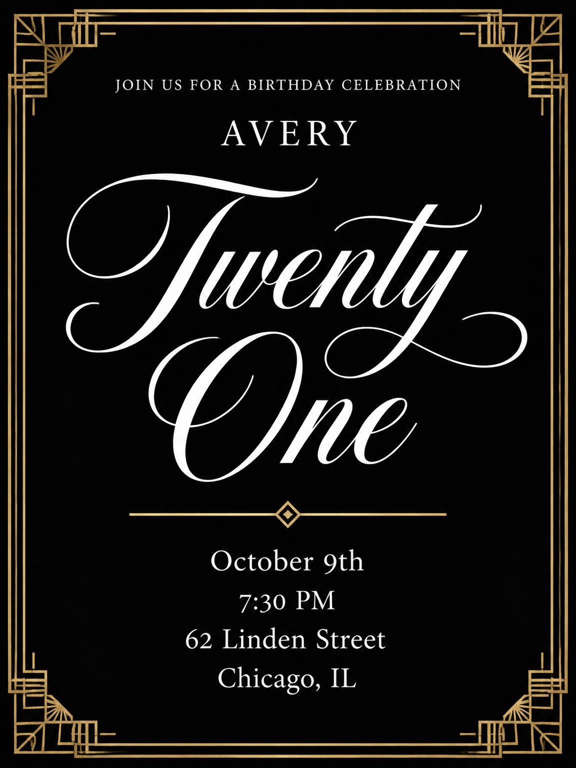 Art Deco 21st Birthday Invitation