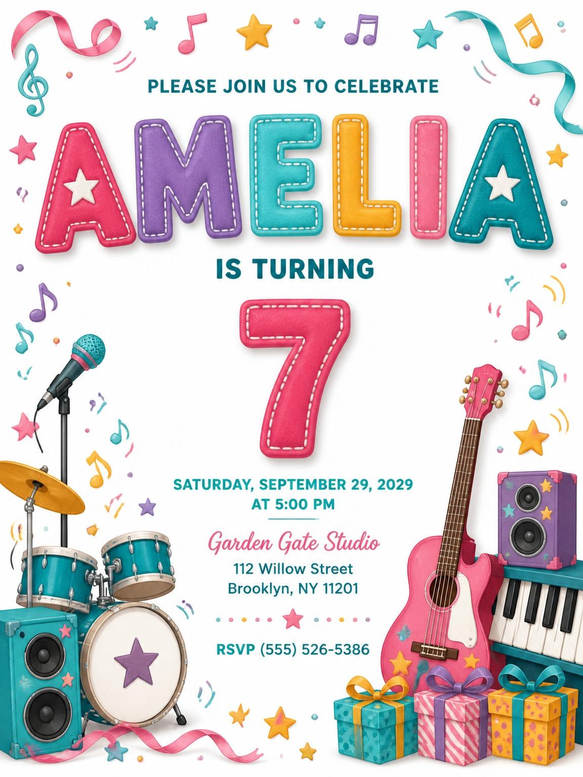 Stitched Rock Star 7th Birthday Invitation