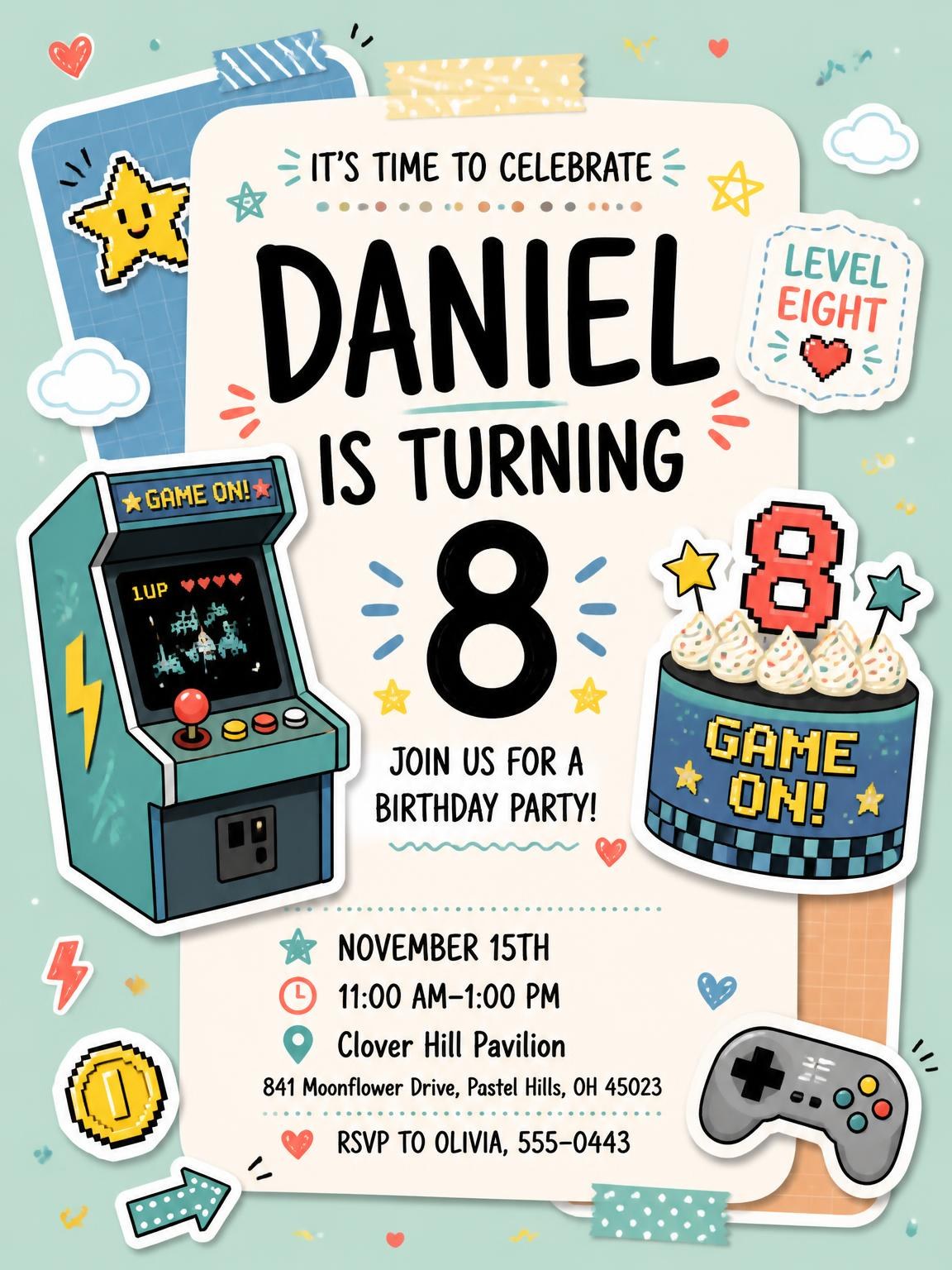 Arcade Cabinet Pastel 8th Birthday Invitation