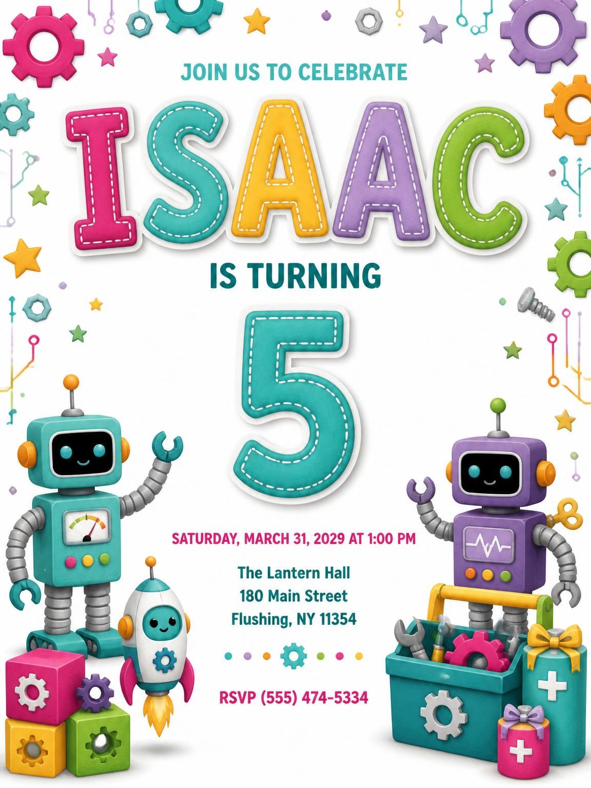 Stitched Robot 5th Birthday Invitation